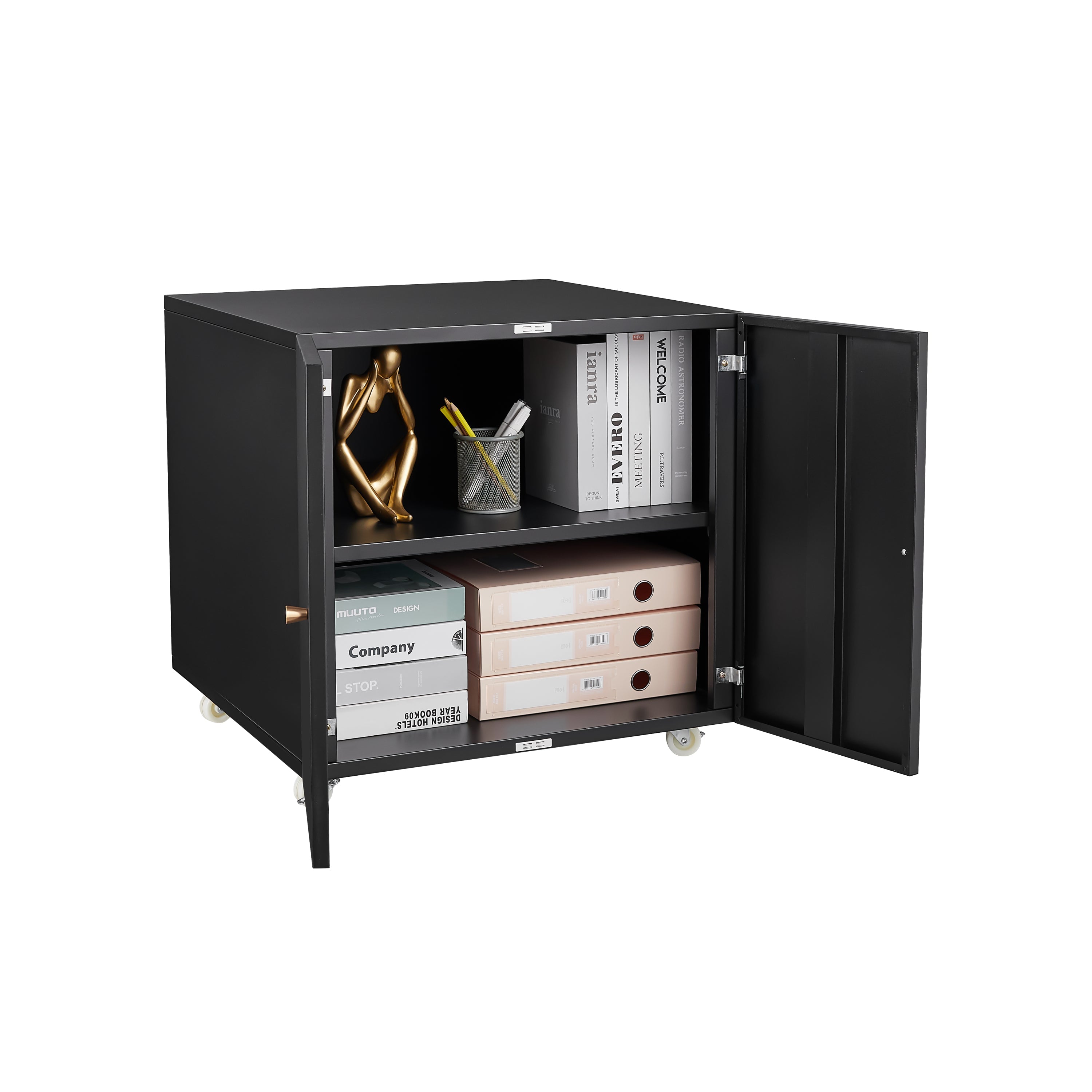 Modern Office Copier Cabinet Black 2 Door Steel Mobile Pedestal File Printer Stand