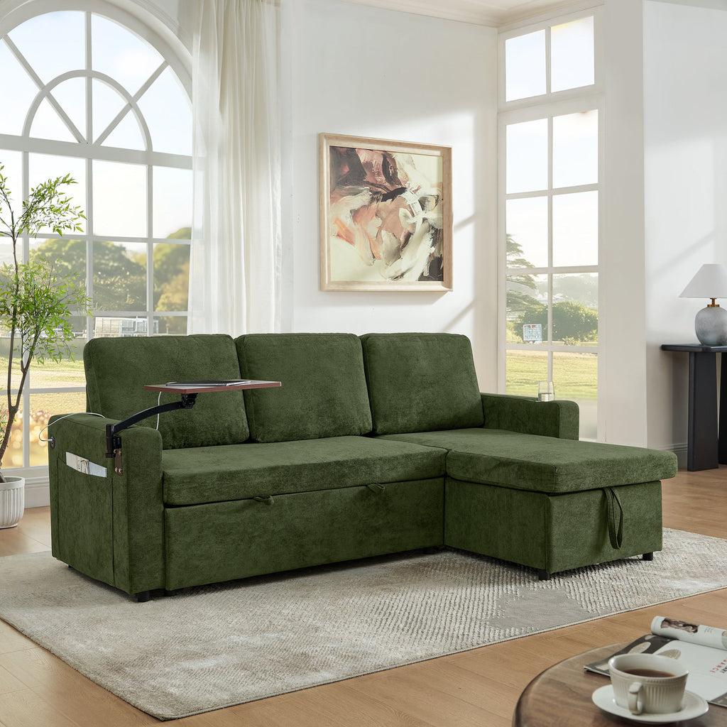 Modern Chenille Multi-functional Pull-Out Bed Sofa with Retractable Table and LED Lighting, USB Charging Ports and Cup Holders, Green