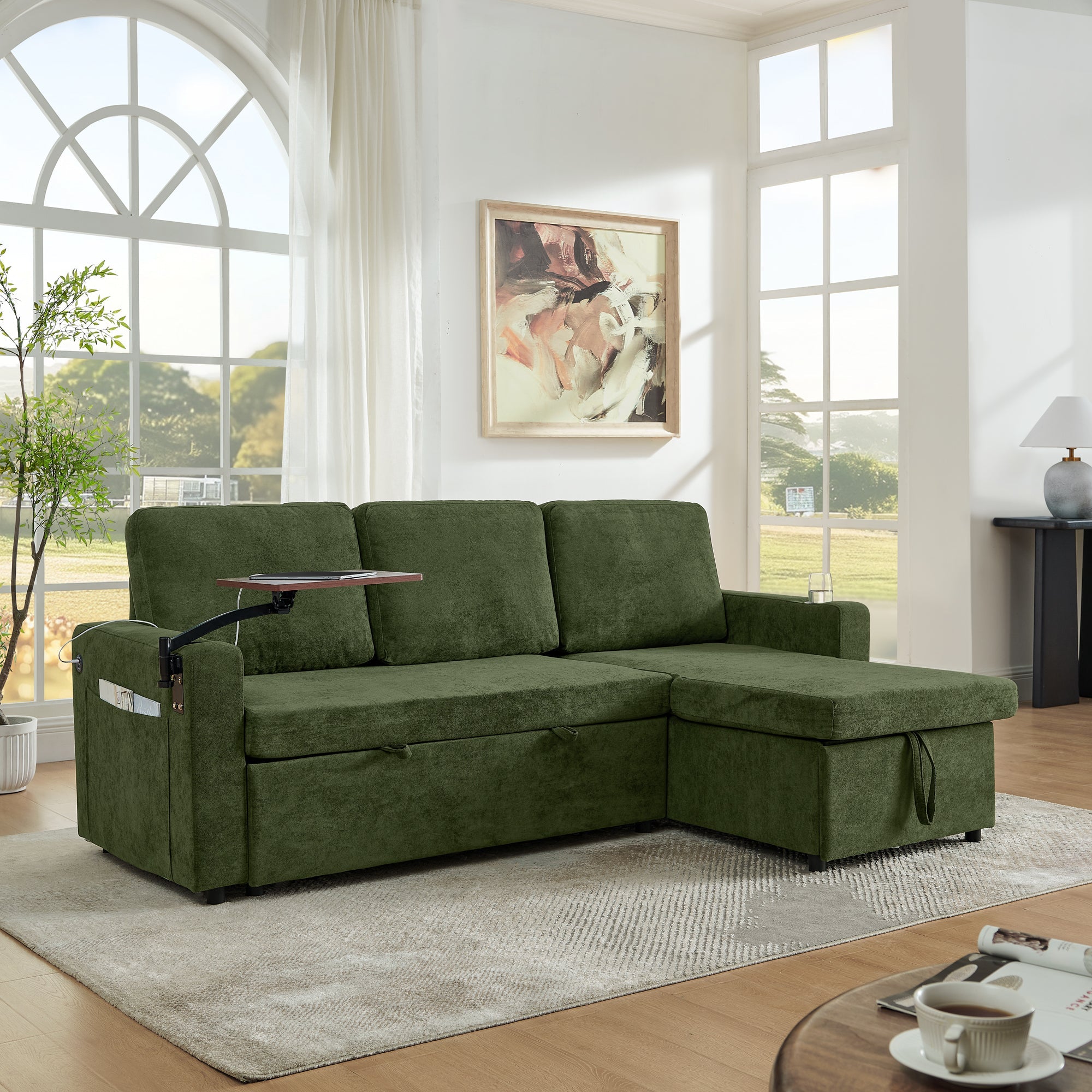 Modern Chenille Multi-functional Pull-Out Bed Sofa with Retractable Table and LED Lighting, USB Charging Ports and Cup Holders, Green