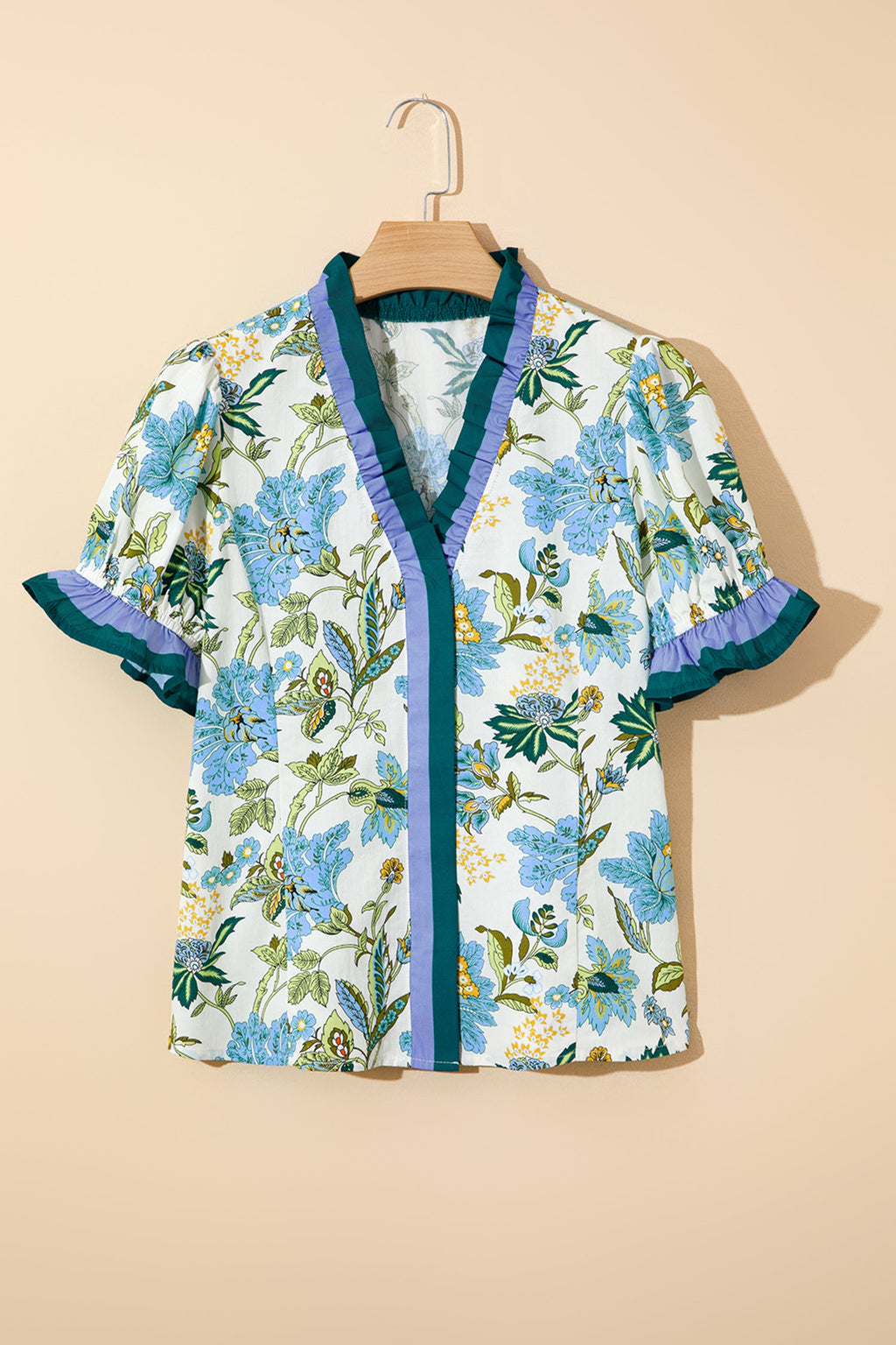 Floral Contrast Frill Stripe Trim Blouse