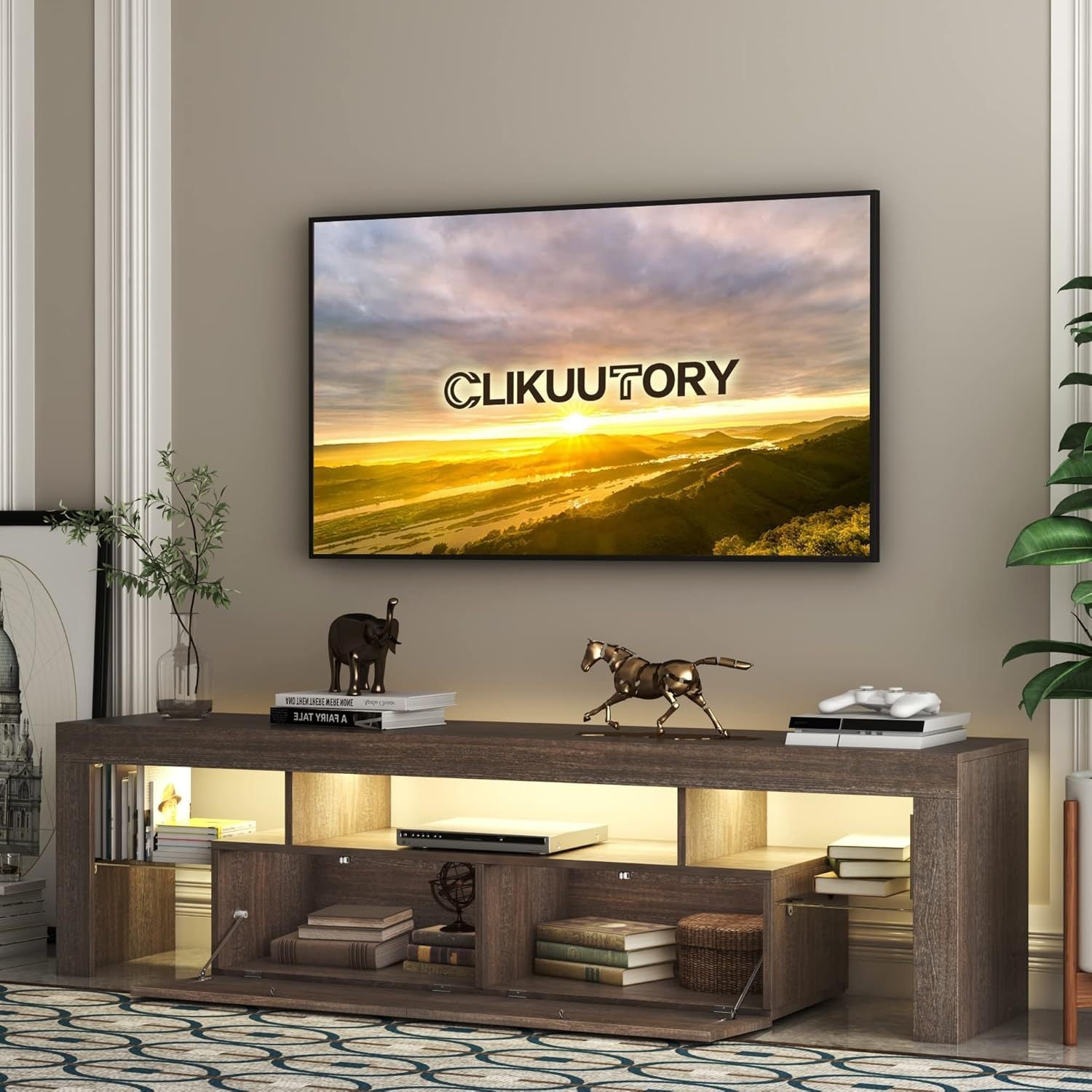 DFW Modern LED TV Stand with Large Storage Drawer for 40 50 55 60 65 70 75 Inch TVs, Brown Wood Farmhouse TV Console with Glossy Entertainment Center for Living Room, Bedroom
