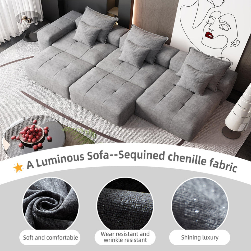 Modern Oversized Modular Sectional Sofa,Sparkling Chenille Fabric Soft Cushion Sofa with 6 Pillows,6 PCS DIY Combination Tufted Sofa,No Assembly Required,GREY