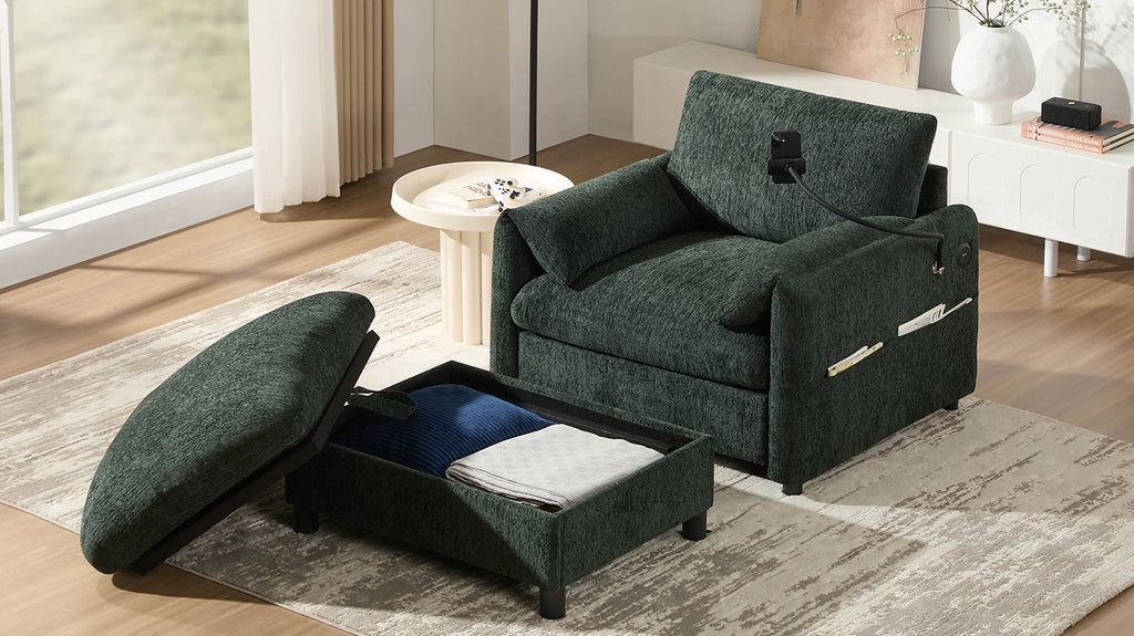 38' Single Sofa with Storage Ottoman, Adjustable Phone Holder, USB Charger, Side Storage Pockets, Pillow-Like Armrests, Wide Seat Chaise Lounge for Living Room&Apartment, Chenille, 4 Colors
