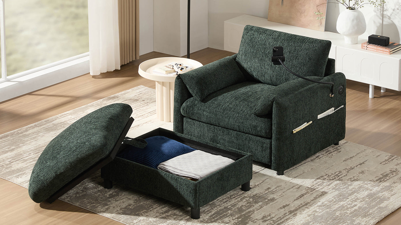 38' Single Sofa with Storage Ottoman, Adjustable Phone Holder, USB Charger, Side Storage Pockets, Pillow-Like Armrests, Wide Seat Chaise Lounge for Living Room&Apartment, Chenille, 4 Colors
