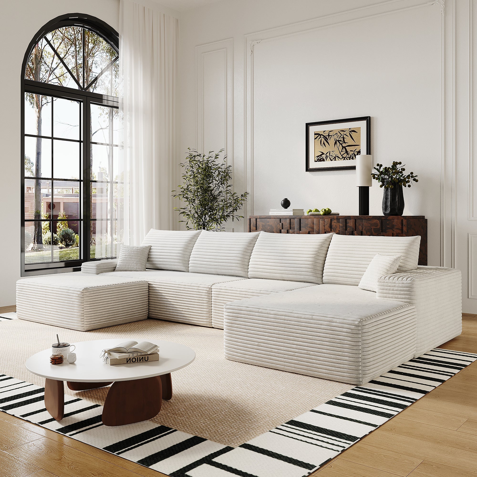 135' Cloud Sectional Sofa with 1 Ottoman,Modern Minimalist Upholstered Couches, Comfort U Shaped Sofa for Living Room,Deep Seat Corner Couch,No Assembly Required (Plush Corduroy Fabric),White