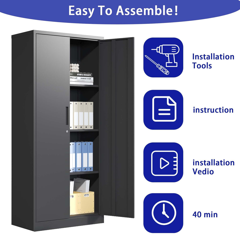 Heavy Metal Garage Storage Cabinet, Black Tool Steel Locking Cabinet with Doors and 3 Adjustable Shelves, 71 Inch Tall