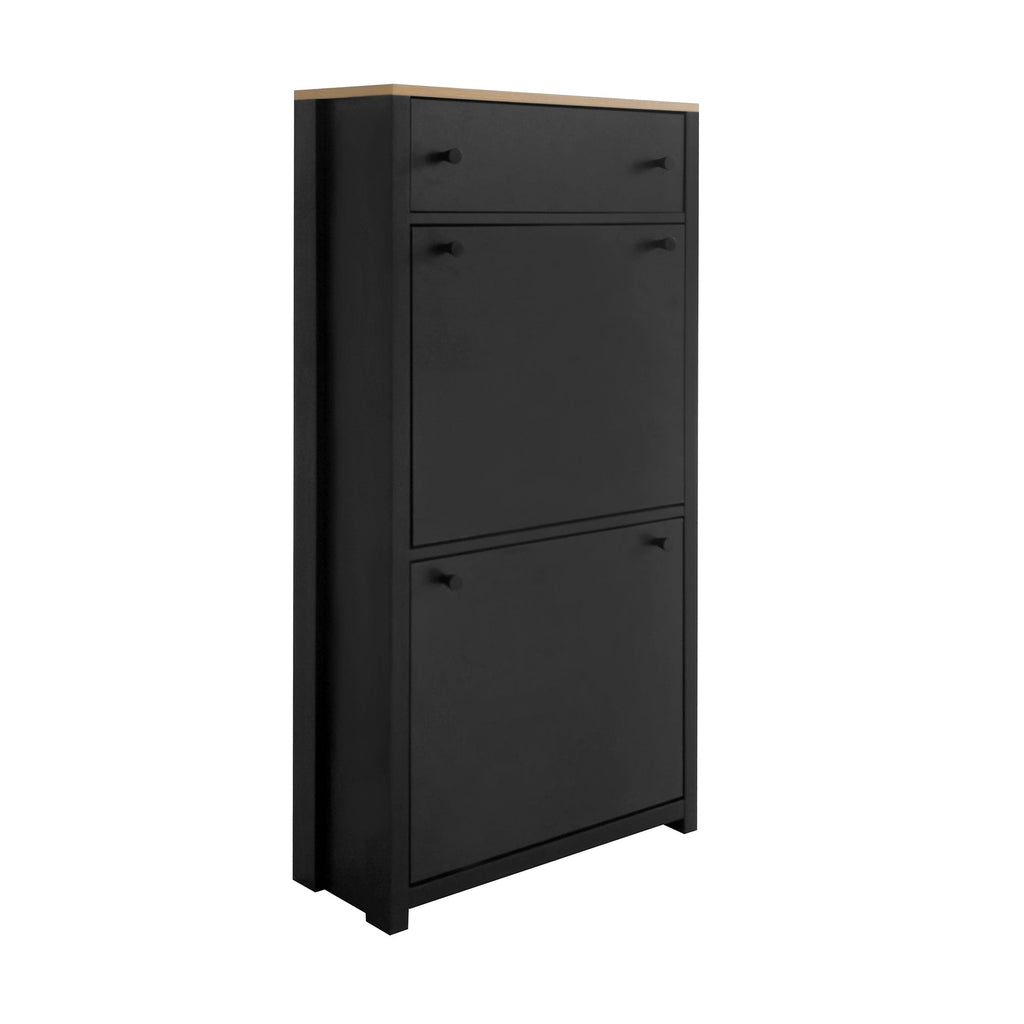 ON-TREND Functional Entryway Organizer with 2 Flip Drawers, Wood Grain Pattern Top Shoe Cabinet with Drawer, Free Standing Shoe Rack with Adjustable Panel for Hallway, Black