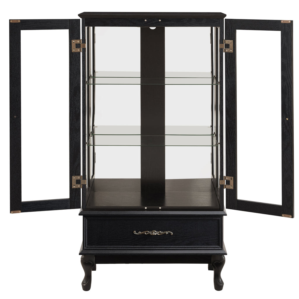 Lighted Curio Cabinet with Glass Doors and Adjustable Shelves 2 Door Wine Cabinet Display Curio Cabinet with LED Lights Light Black Finish and Drawer for Home Decor and Storage