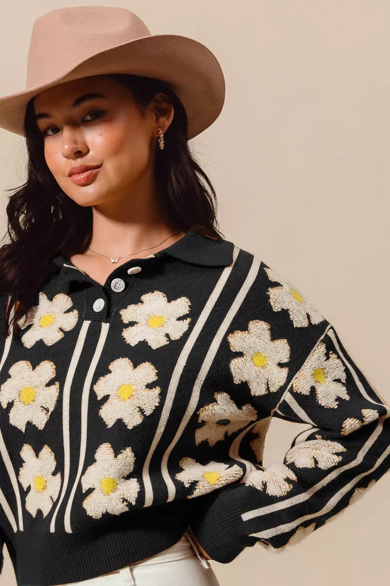 So Me Floral Stripe Polo Collar Sweater For Women Casual