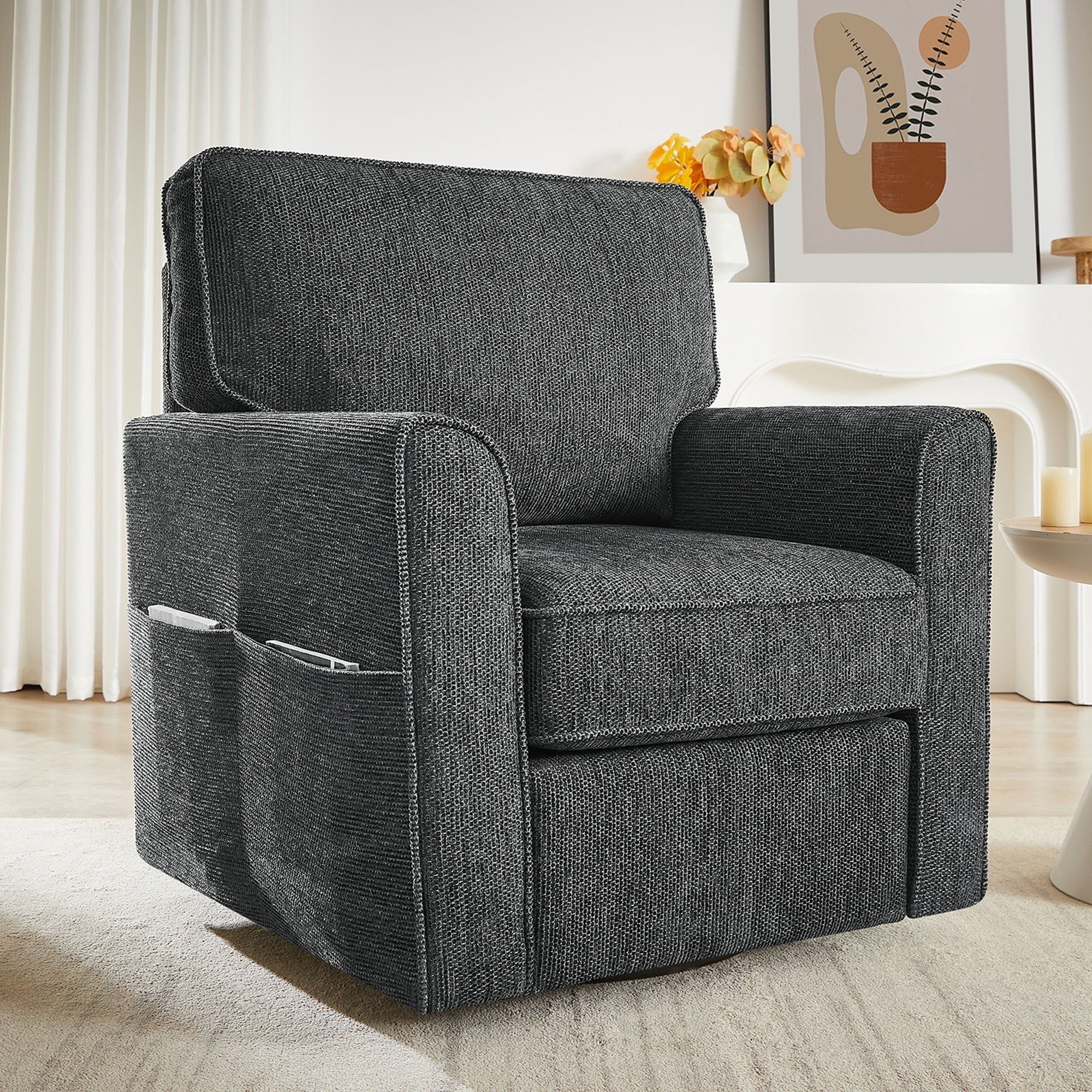 360° Swivel Chair Accent Barrel Armchair with Side Pockets, Grey Chenille, Compact Design for Living Room, Bedroom, Office