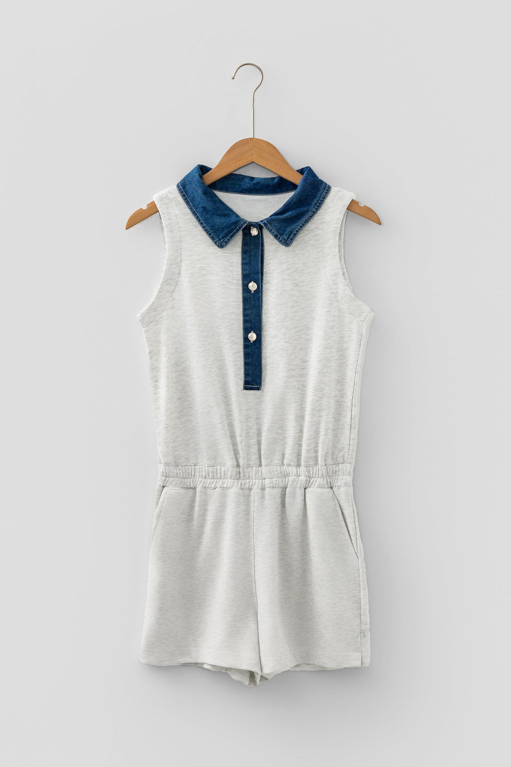 Denim Patchwork Polo Collar Sleeveless Romper