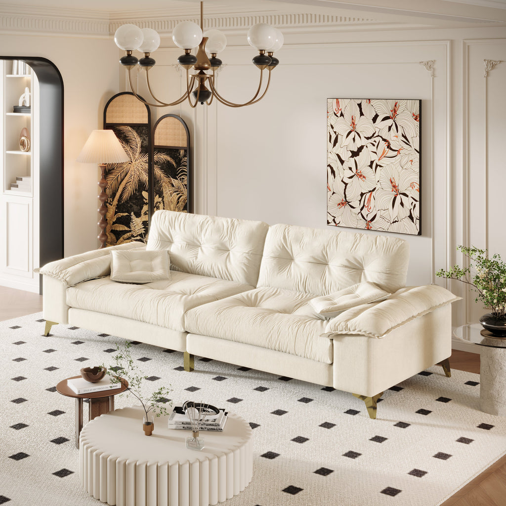 104.7 ' Modern 4-Seat Cloud Sofa with Wide Removable Armrests, Tufted Sofa with Metal Legs,Comfy Chenille Upholstered Couch with 2 Pillows for Living Room,Bedroom,Apartment, Office,Studio,Beige