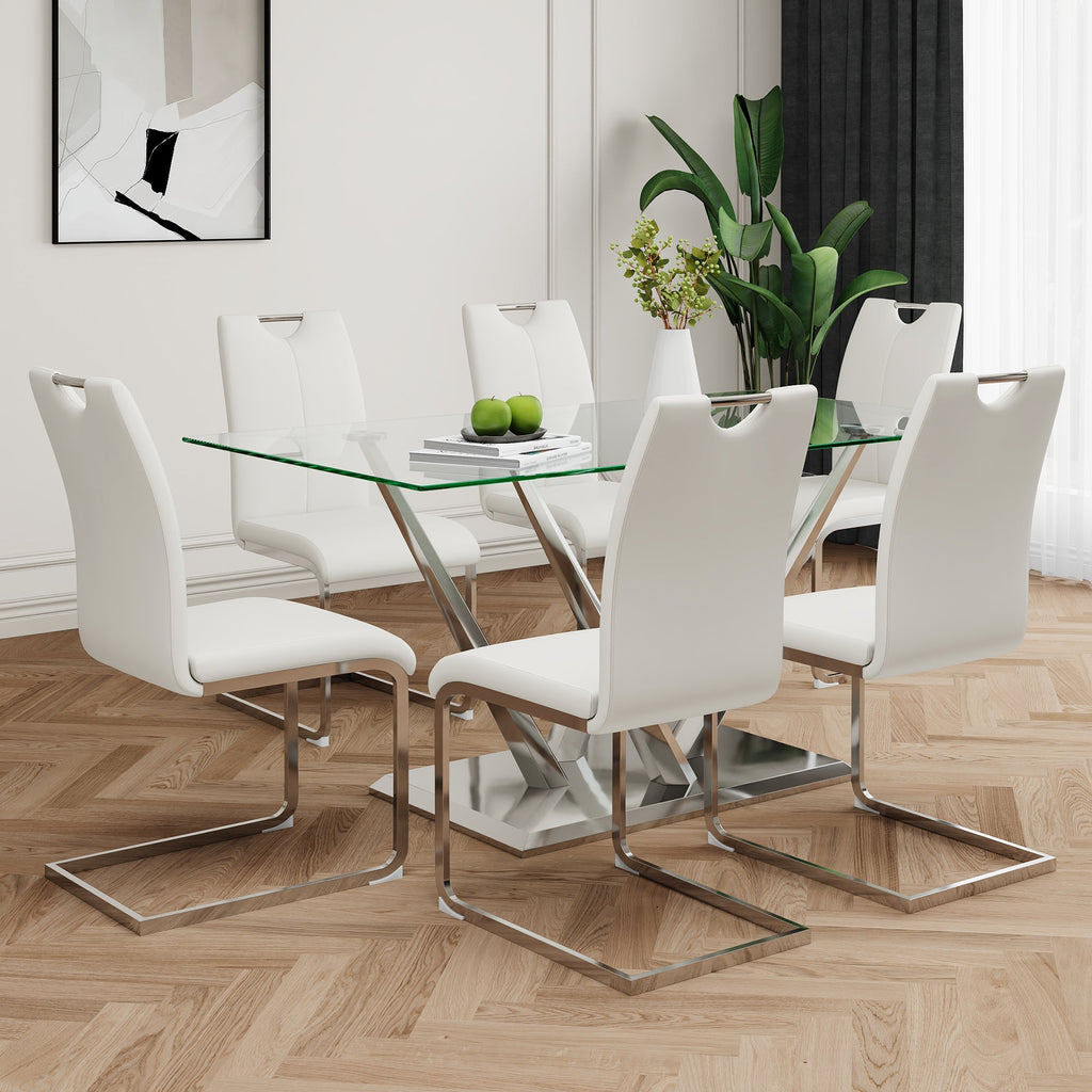 Modern style glass dining table, elegant transparent design, sturdy stainless steel base, white dining chairs set, electroplated chair legs, suitable for dining room and kitchen (set of 7)