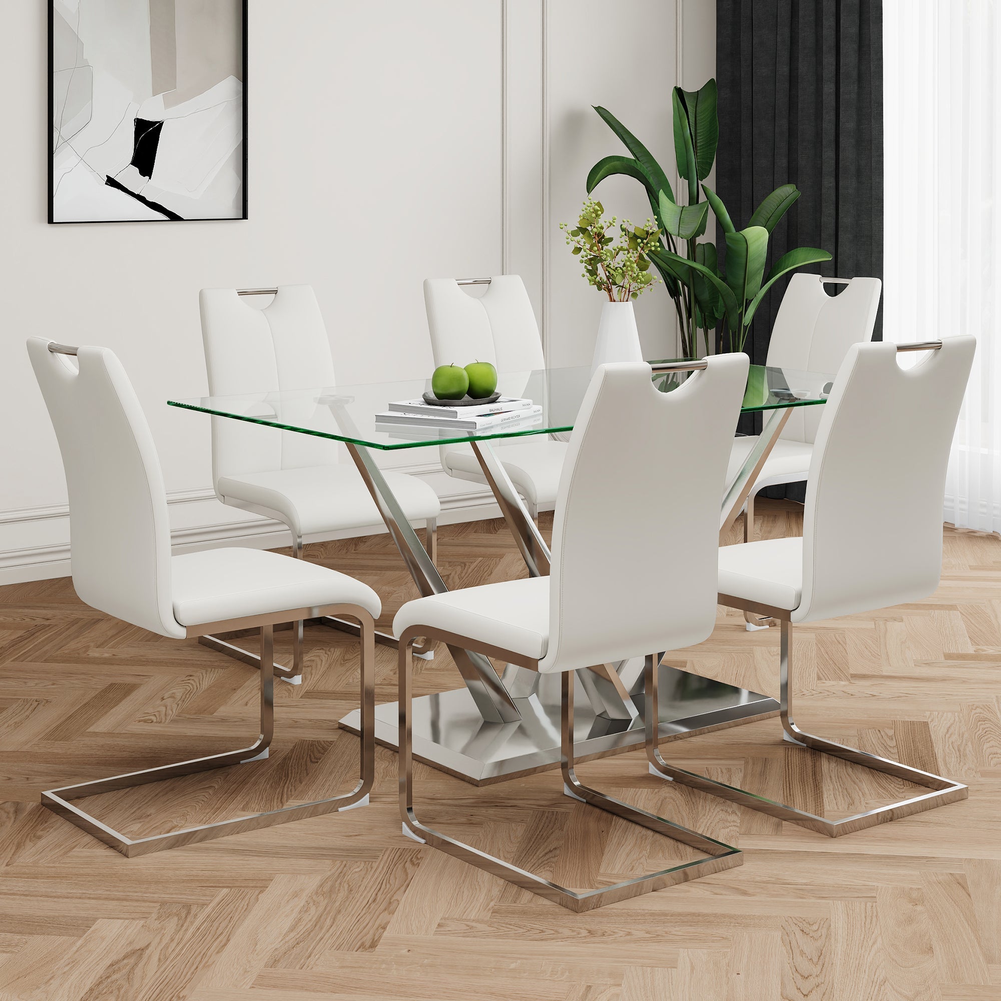 Modern style glass dining table, elegant transparent design, sturdy stainless steel base, white dining chairs set, electroplated chair legs, suitable for dining room and kitchen (set of 7)