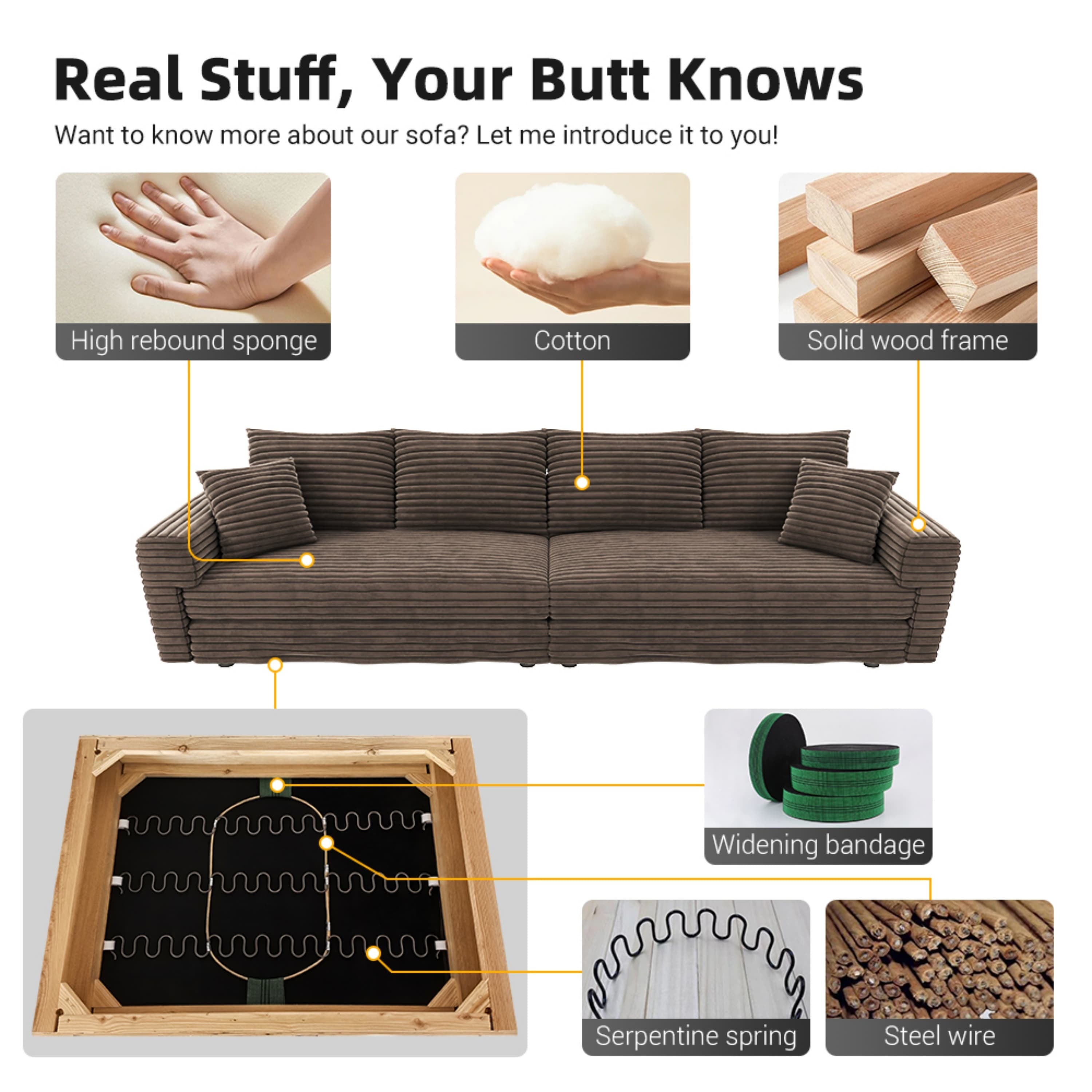 82.7 ' Plush Corduroy 3-Seat Sofa, Modern Comfy Upholstered Sofa Cloud Couch, Deep Seat Couches with Soft Pillows and 1 Ottomans, Convertible Sofa Lounge Chair, for Living Room,Apartment,Office,Camel