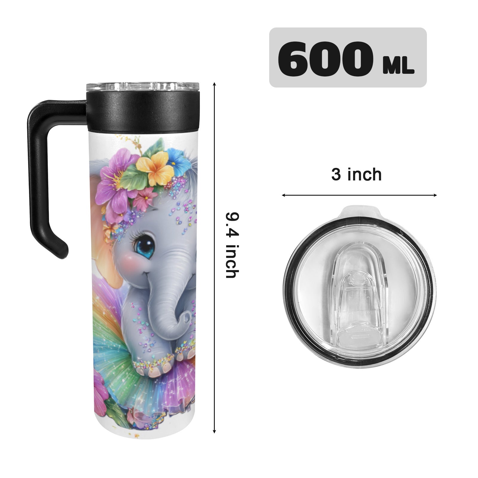 Baby Elephant 20 oz Insulated Water Bottle with Screw On Handle