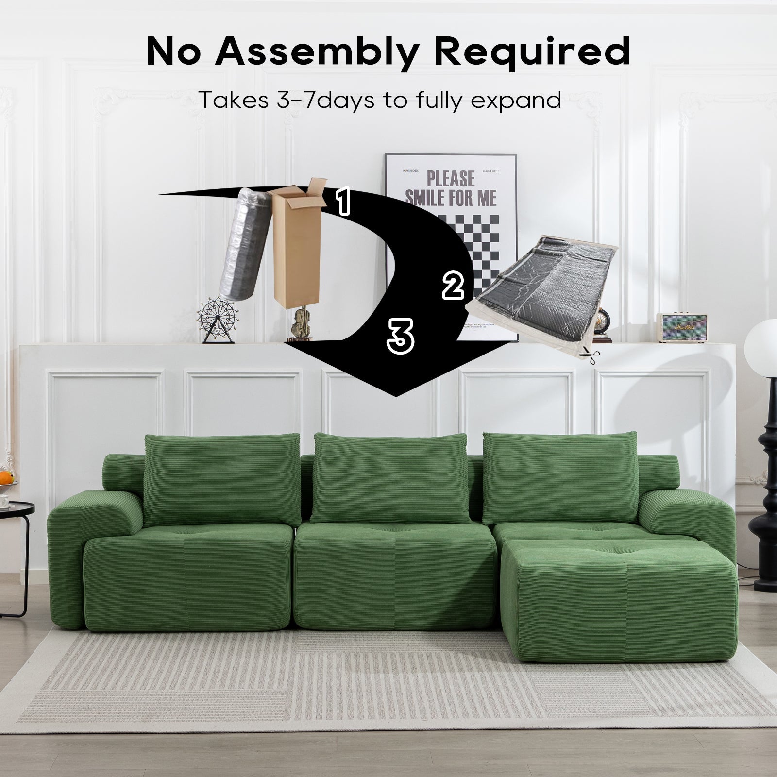 L-Shaped Sectional Couches for Living Room with Memory Foam & Steel Frame - No Assembly Convertible Sofa Bed, Corduroy Fabric Compression Sofa, Modular Couch for Apartments,Bedrooms,Home Theate,Green