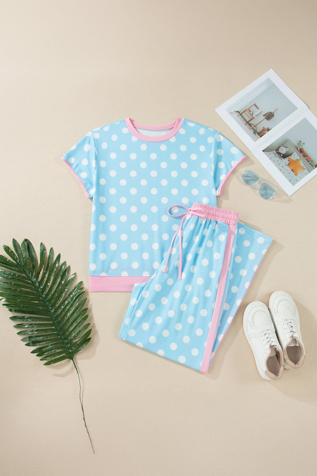Polka Dot Short Sleeve Top & Drawning Pants Set