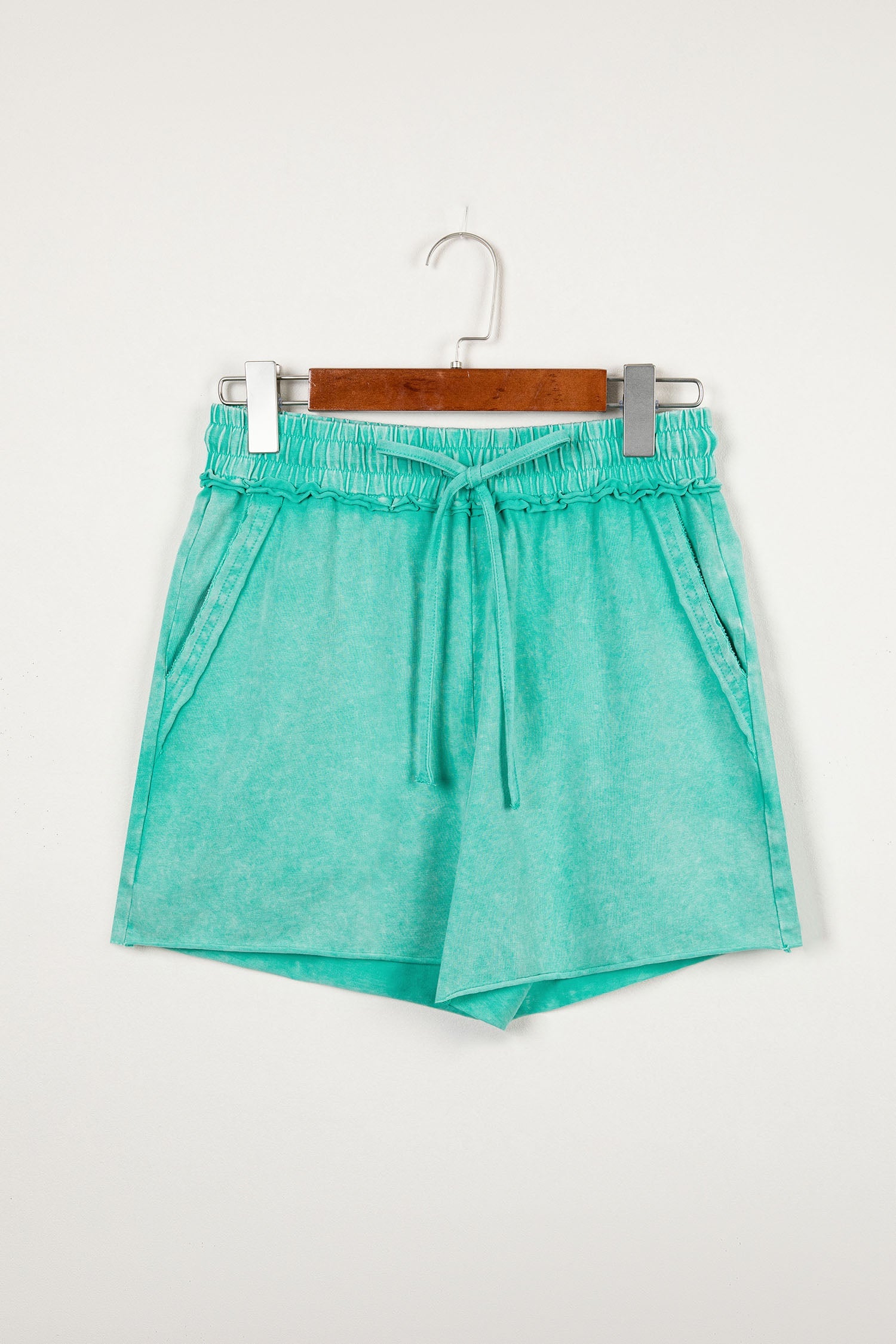 Mineral Wash Drawstring Elastic Waist Raw Edge Shorts