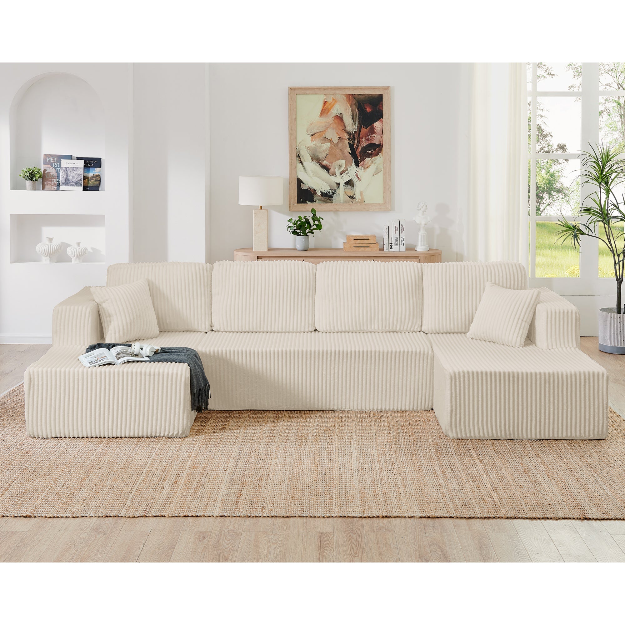 Modern Minimalist U-Shape Modular Sectional Sofa Sleeper in Beige Corduroy