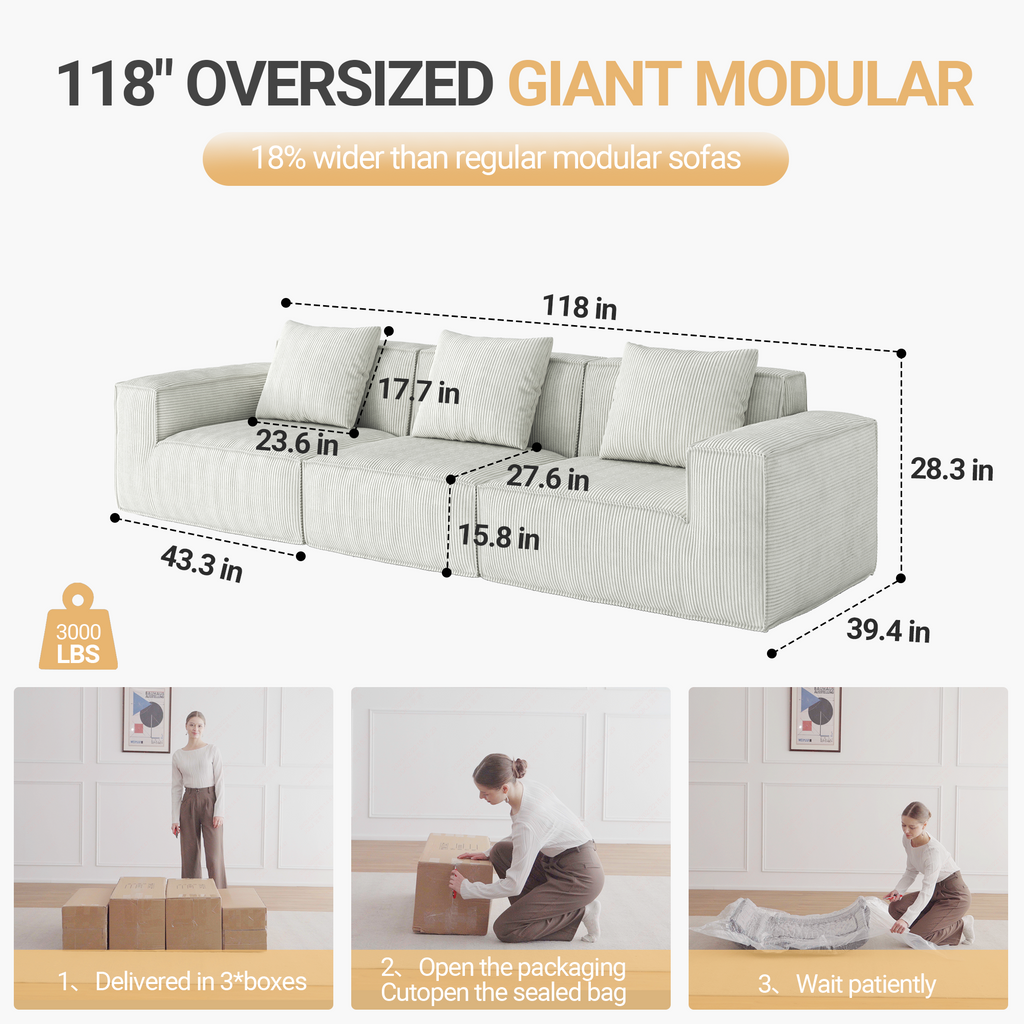 118-inch modular sofa can be converted into an oversized sofa bed  Free conversion sofa set flexible configuration, soft corduroy cloud velvet fabric Three-person combination white