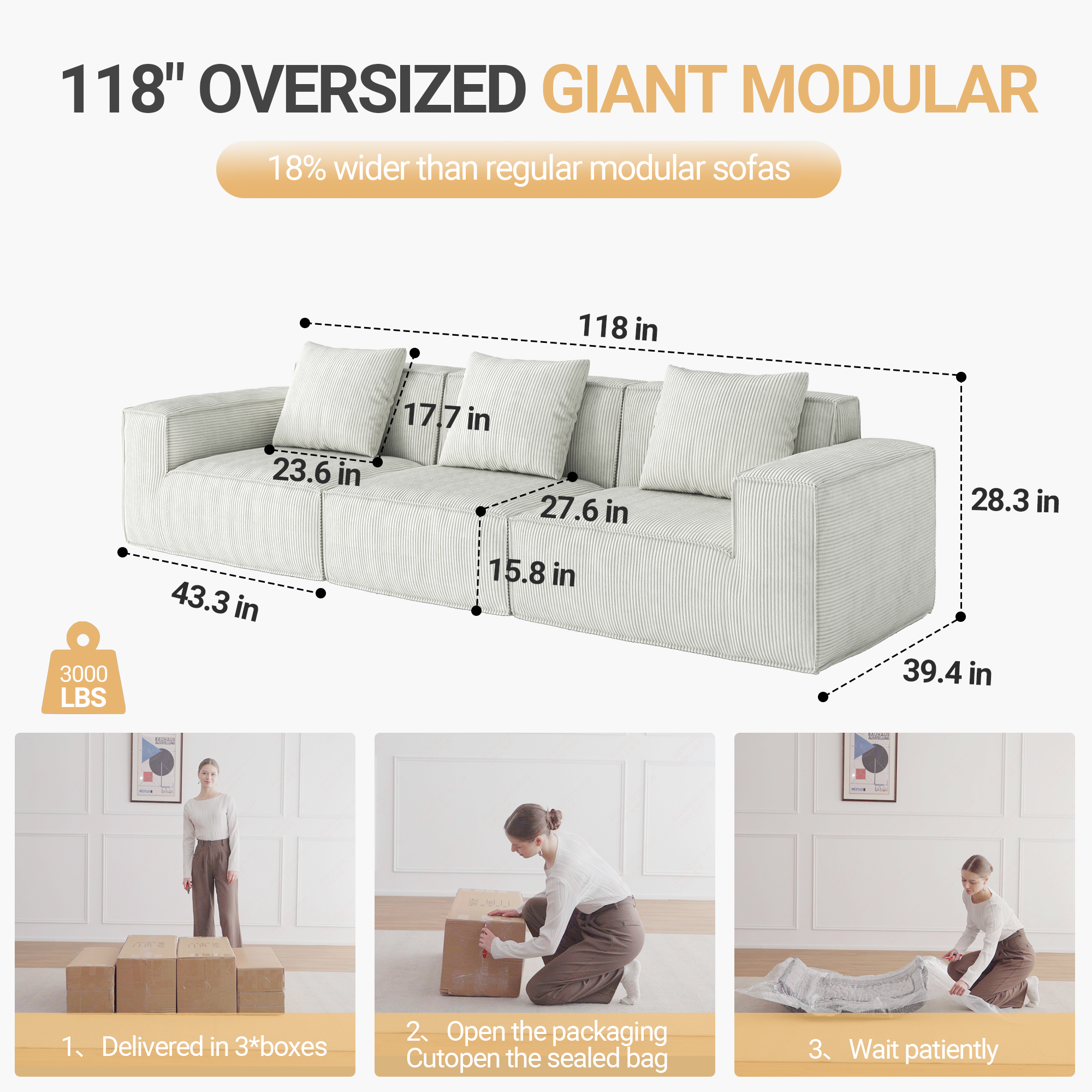 118-inch modular sofa can be converted into an oversized sofa bed  Free conversion sofa set flexible configuration, soft corduroy cloud velvet fabric Three-person combination white