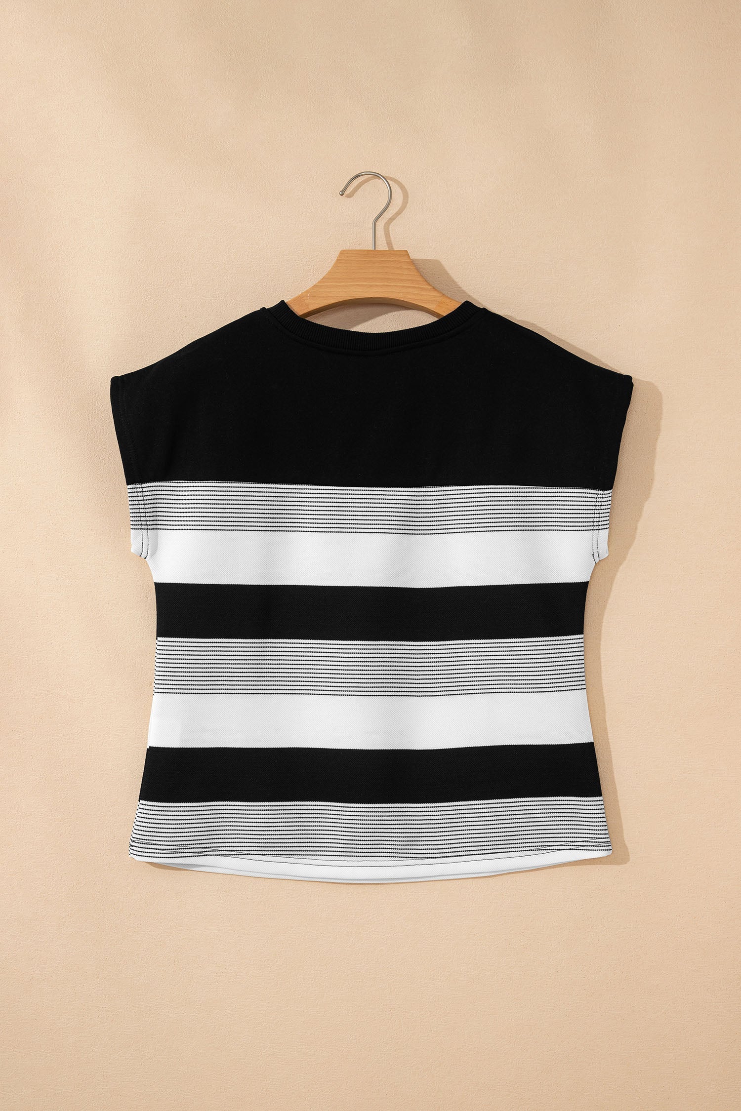 Stripe Mixed Crew Neck Cap Sleeve T-Shirt
