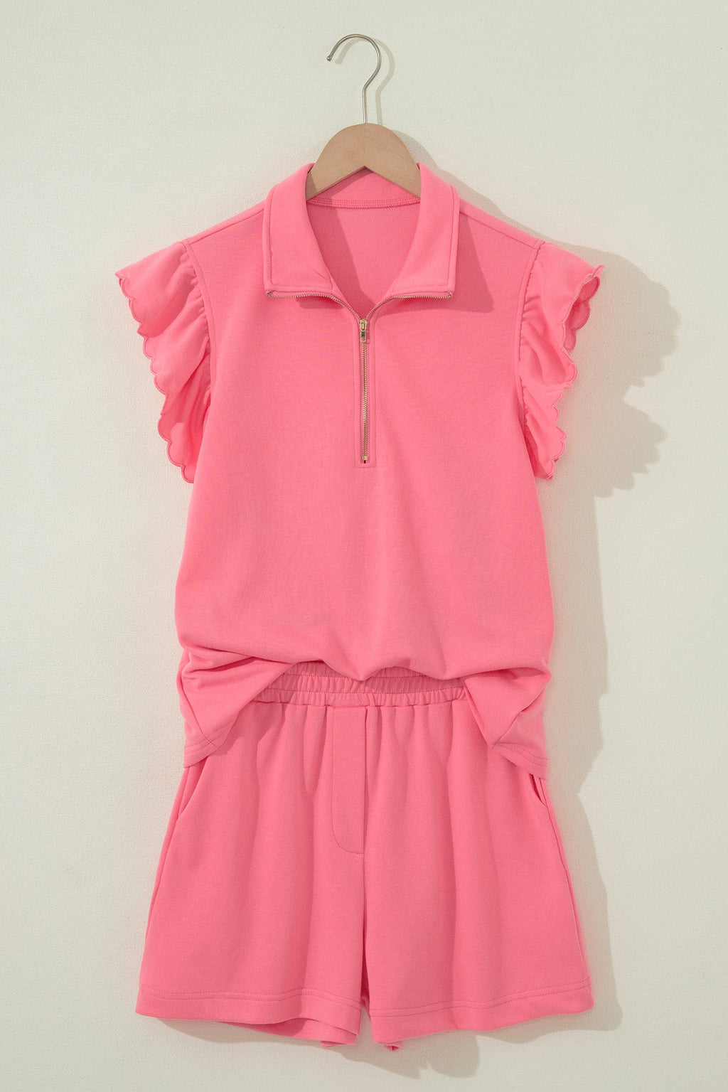 Solid Scalloped Ruffle Half Zip Top & Short Set