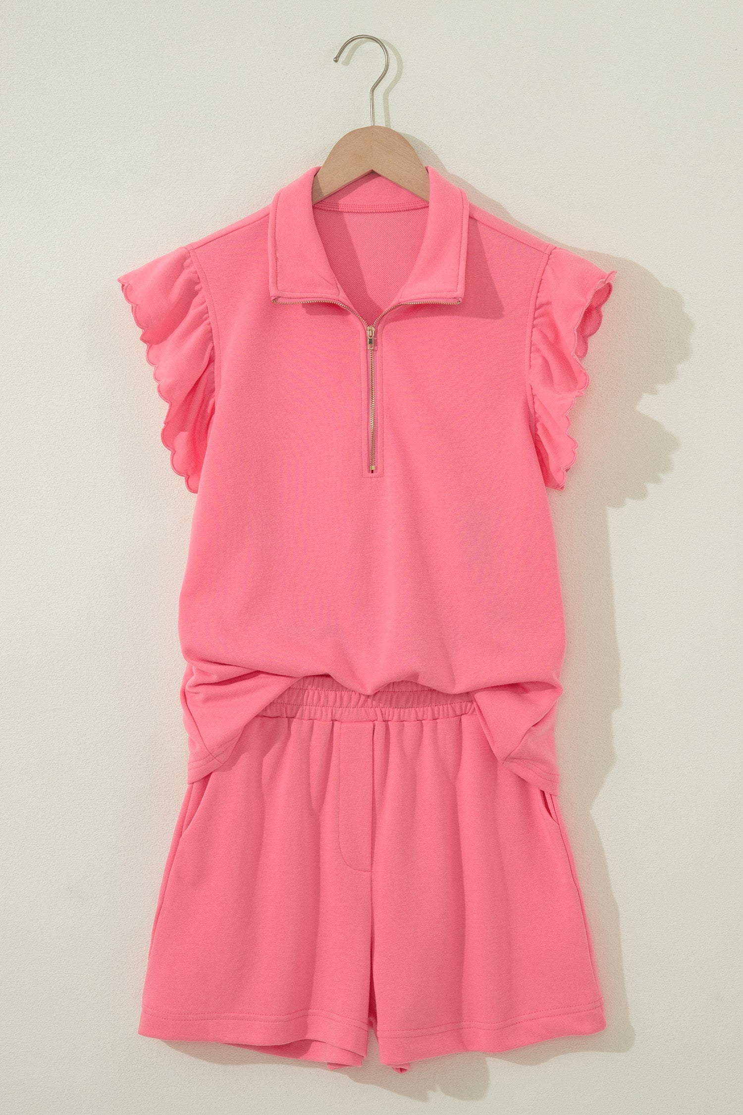 Solid Scalloped Ruffle Half Zip Top & Short Set