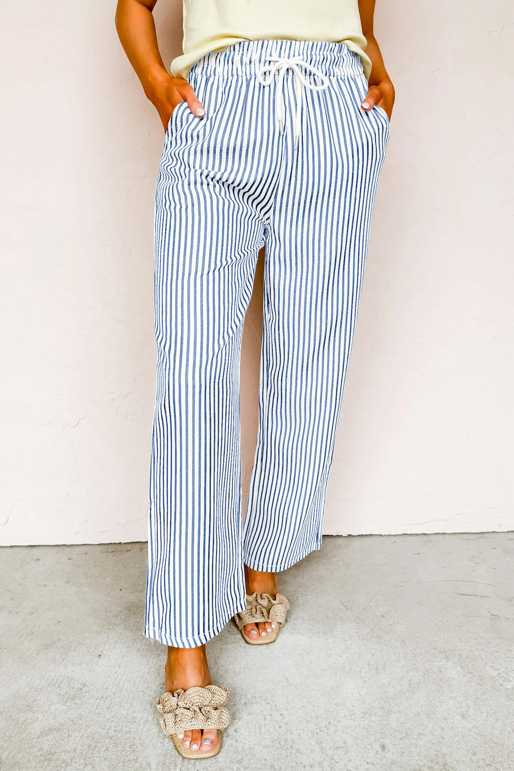Stripe Drawstring Elastic Waist Wide Leg Pants