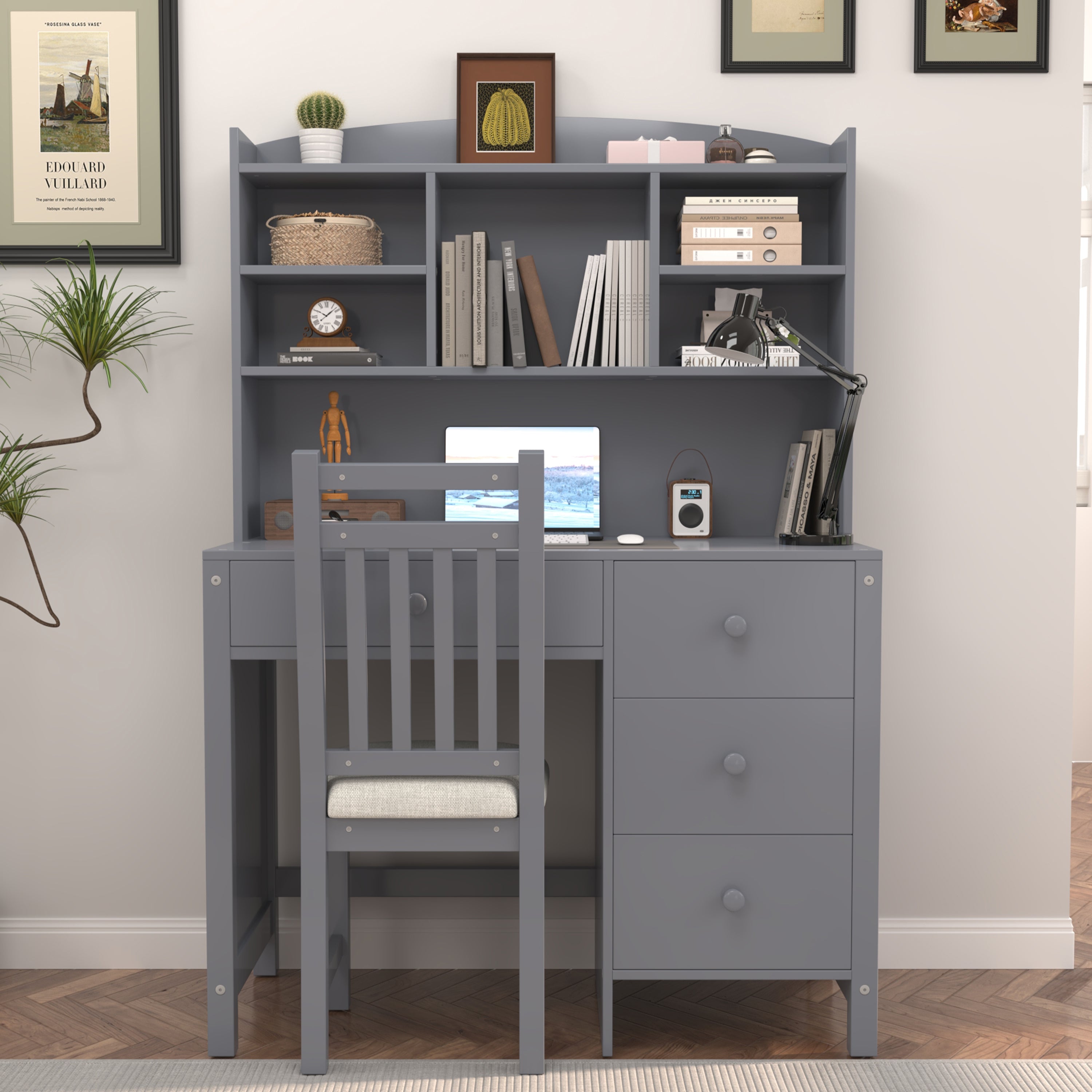 Vintage 40'' Home Executive Desk and Upholstered Chair Set with Bookshelf, Computer Desk with Four Drawers, Storage Shelf, and Chair, Ideal for Office or Study in Bedroom or Living Room, Gray