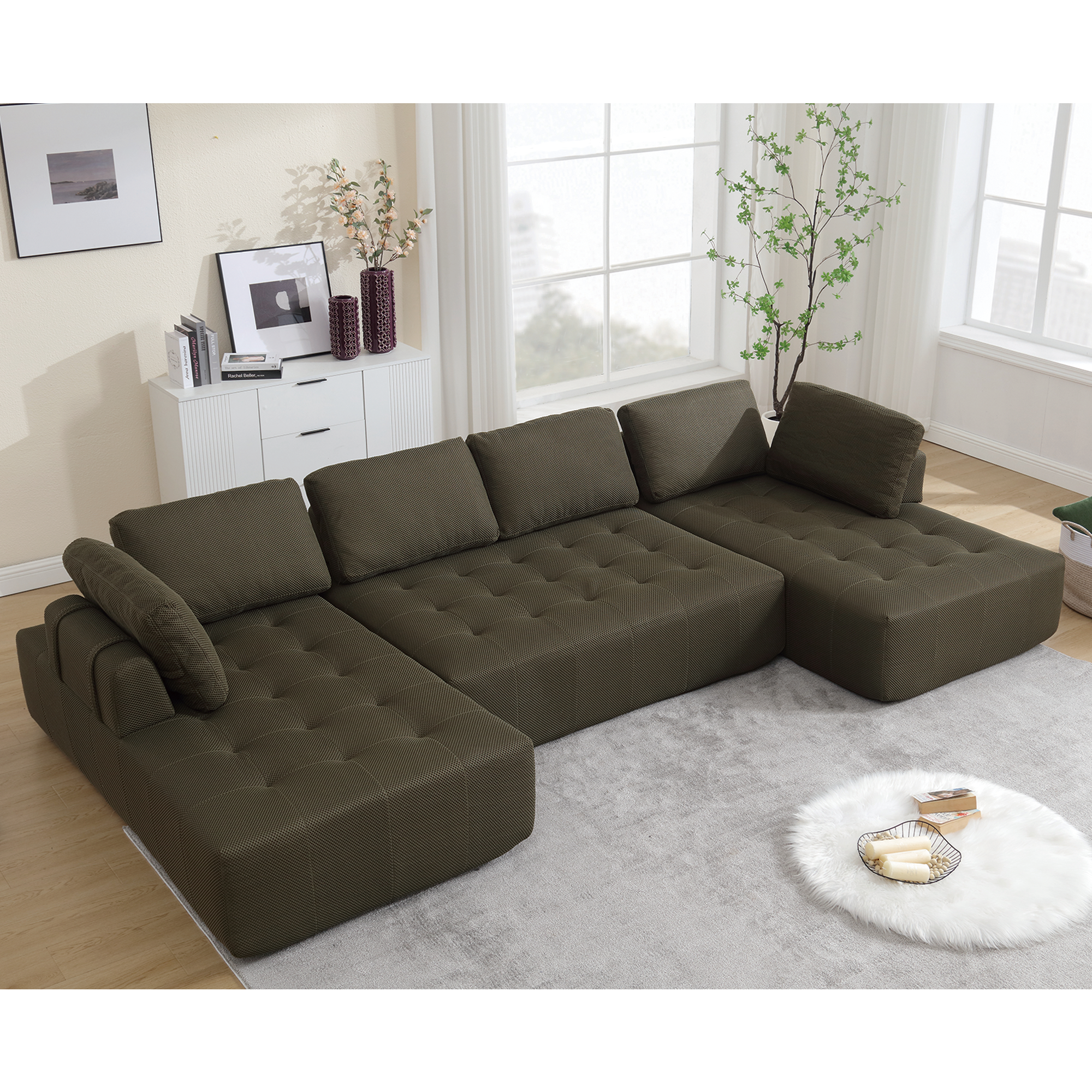 [NEW ARRIVED] [VIDEO PROVIDED]138.5 'Modular Combination Sofa, U-shaped Sofa, Living Room, Apartment, Upholstered ,6-seat Sofa, Free Combination Sofa (Mesh Fabric), Breathable Fabric,Green