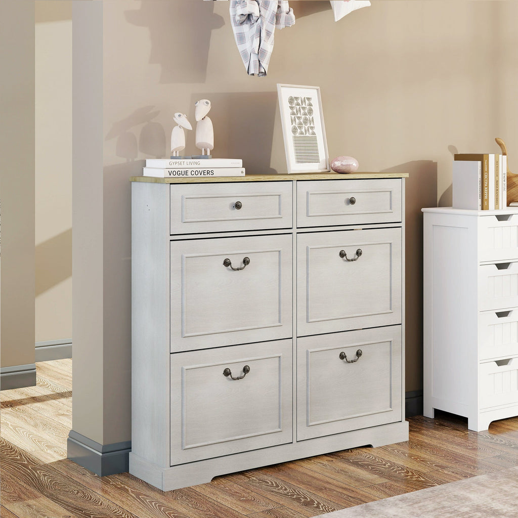 Shoe Storage Cabinet with 2 Drawers, 4 Flip Drawers, Freestanding Shoe Cabinet Organizer with Adjustable Shelf, Shoe Cabinet for Entryway, Foyer, Slim Shoe Cabinet-Antique White