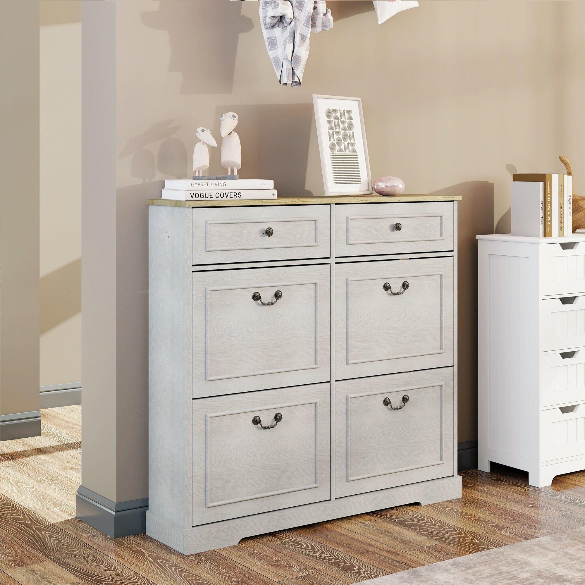 Shoe Storage Cabinet with 2 Drawers, 4 Flip Drawers, Freestanding Shoe Cabinet Organizer with Adjustable Shelf, Shoe Cabinet for Entryway, Foyer, Slim Shoe Cabinet-Antique White