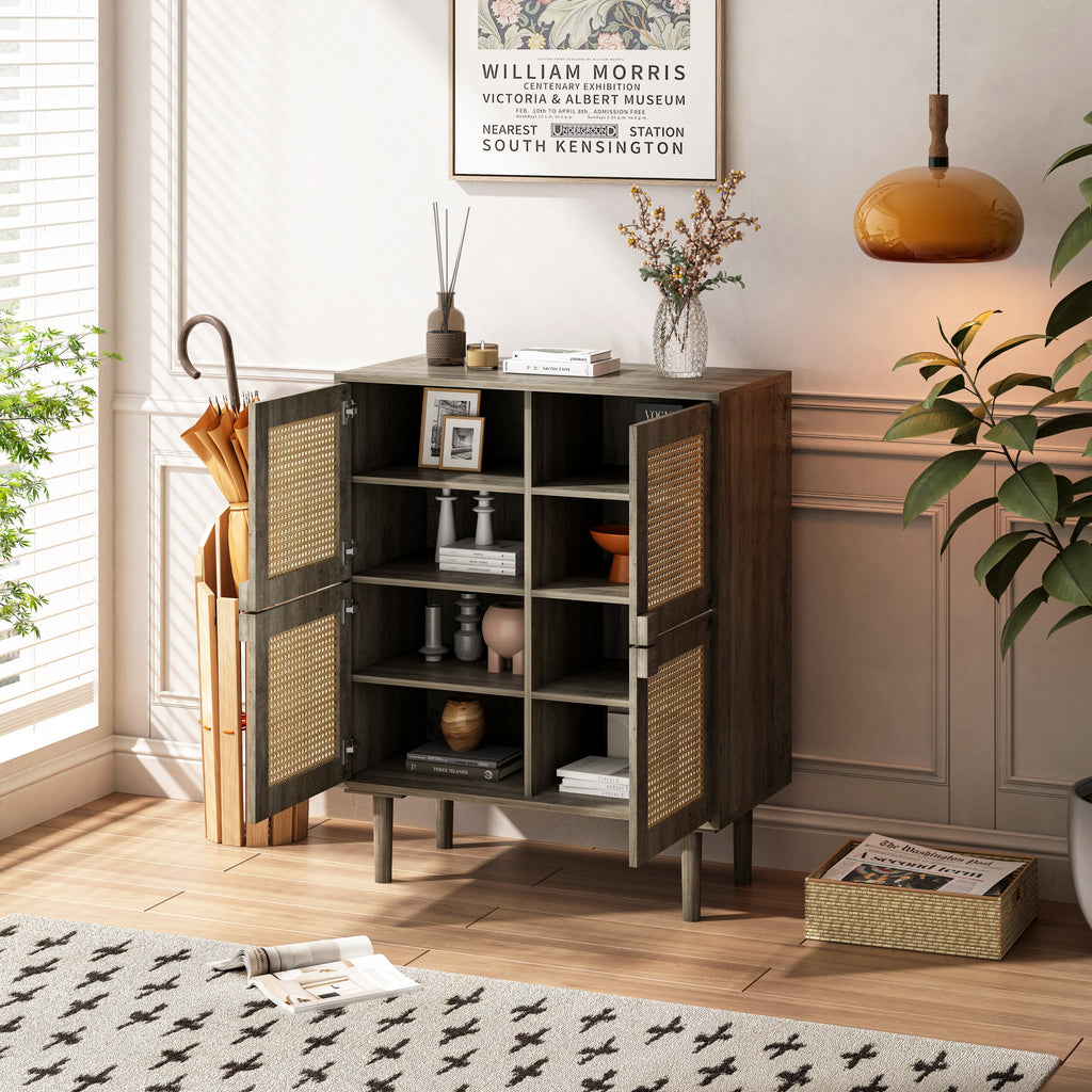 4-Doors Rattan Mesh Storage Cabinet, Sideboard with Eight Storage Spaces, for Entryway, Living Room, Hallway (Grey with Woodgrain)