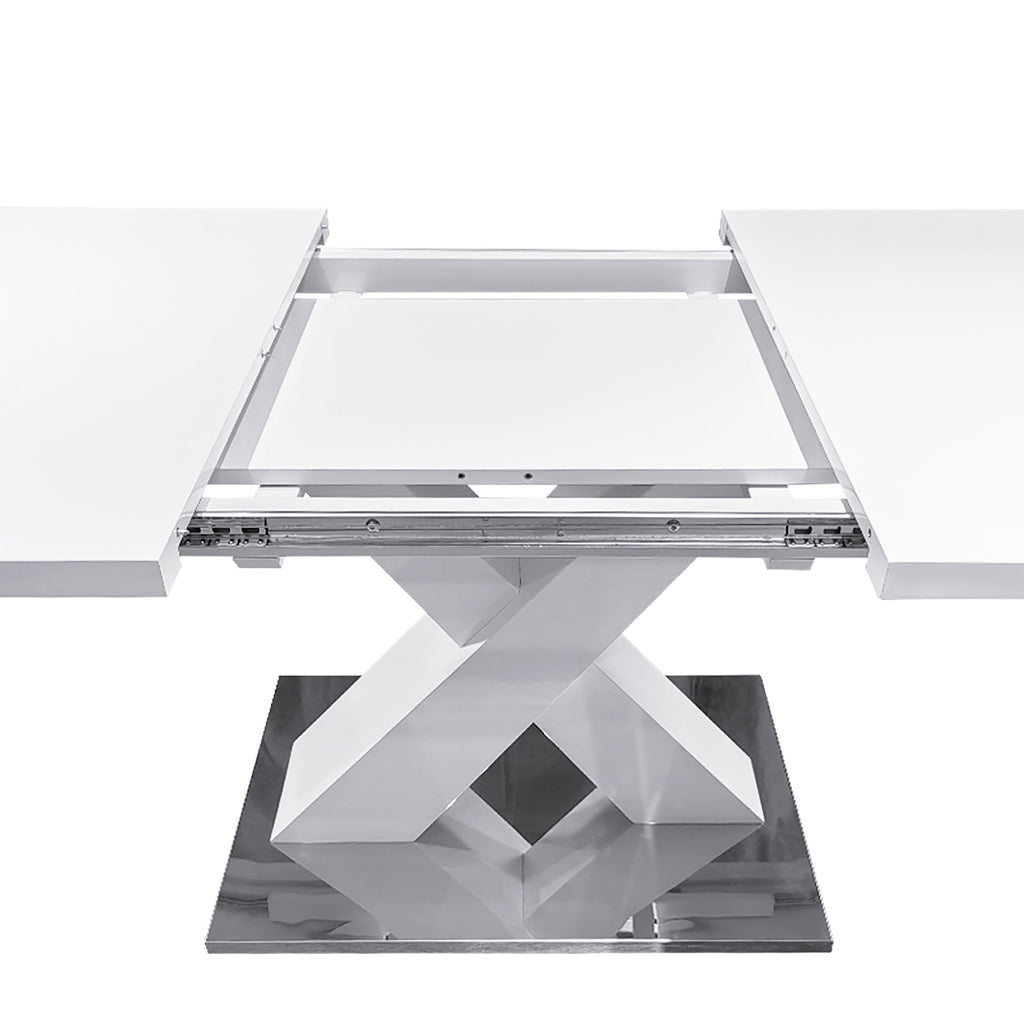Modern Square Dining Table, Stretchable, White Table Top+MDF X-Shape Table Leg with Metal Base