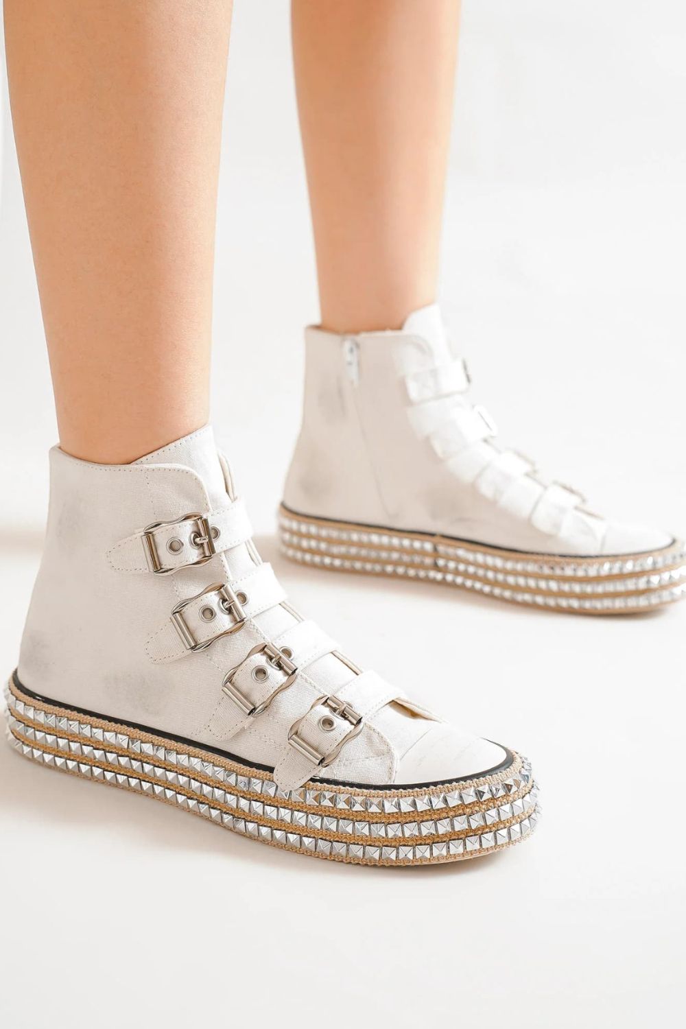 Beast Fashion Multi-Buckle Straps Studded Platform Boho Sneakers