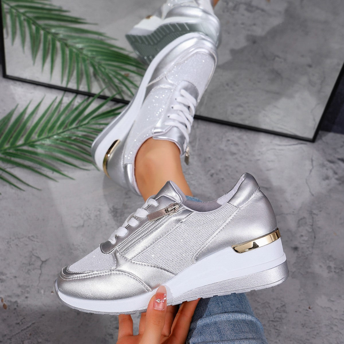 Women's Lace-up Side Zip Design Thick-soled Casual Shoes Sneakers