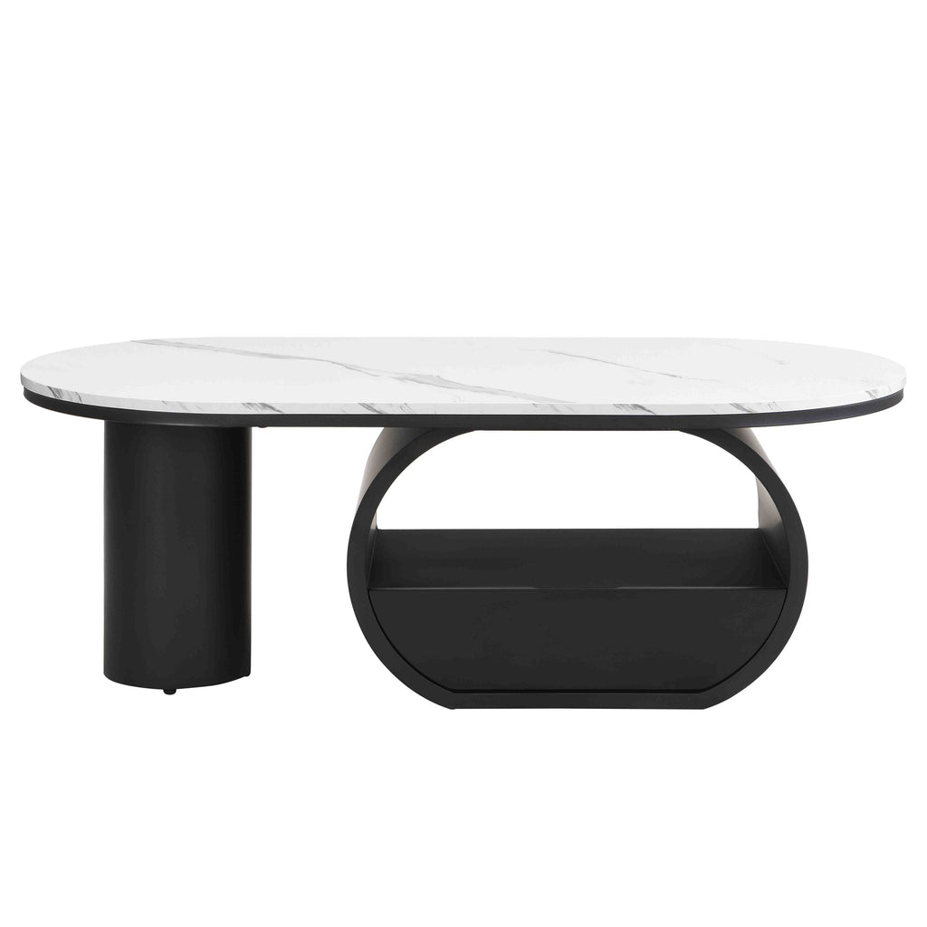 Luxury Modern Oval Coffee Table, 47.24'' Coffee Table with Storage Drawer, Faux Marble Top, Black Metal Center Table for Living Room