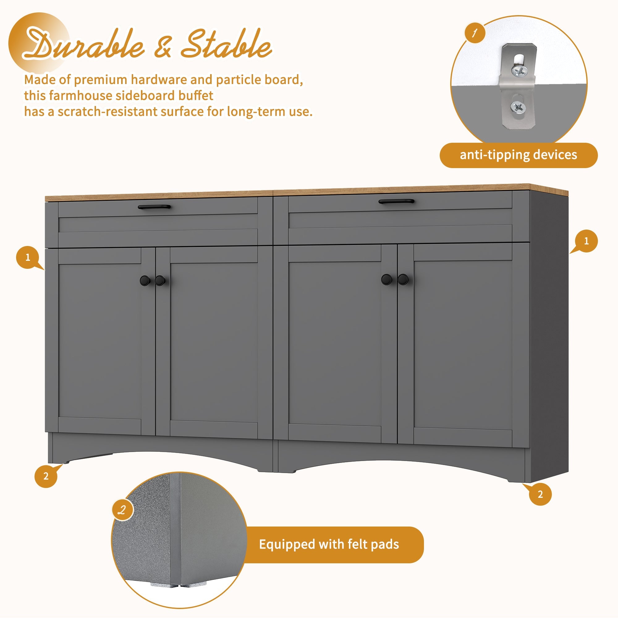 ON-TREND Farmhouse TV Stand with 2 Drawers for TVs Up to 70', Versatile Wood Grain Sideboard with Adjustable Shelves, Mid-Century Buffet Cabinet with Rustic Handles for Living Room/Bedroom, Grey
