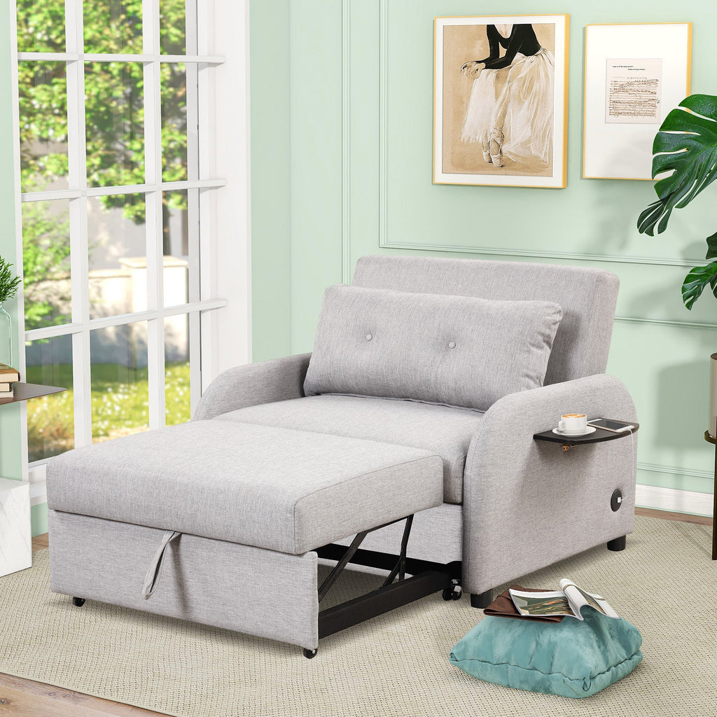 3-in-1 Pull Out Sofa Sleeper with Wing Table and USB Charge, Gray Linen, Iron Frame, 36.2-71.7'D x 42.9'W x 35.8'H