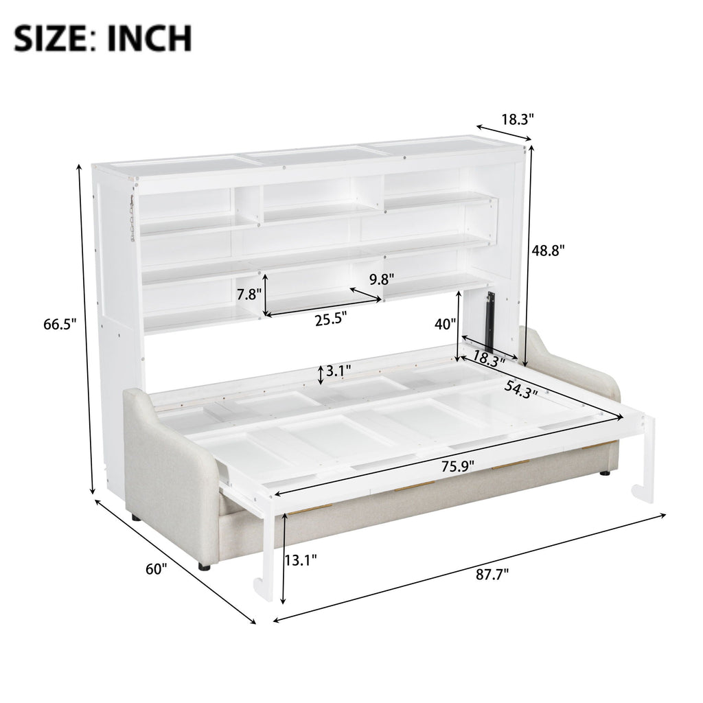 Murphy Cabinet Bed With Folding Sofa, Built In Storage Shelves And LED Light