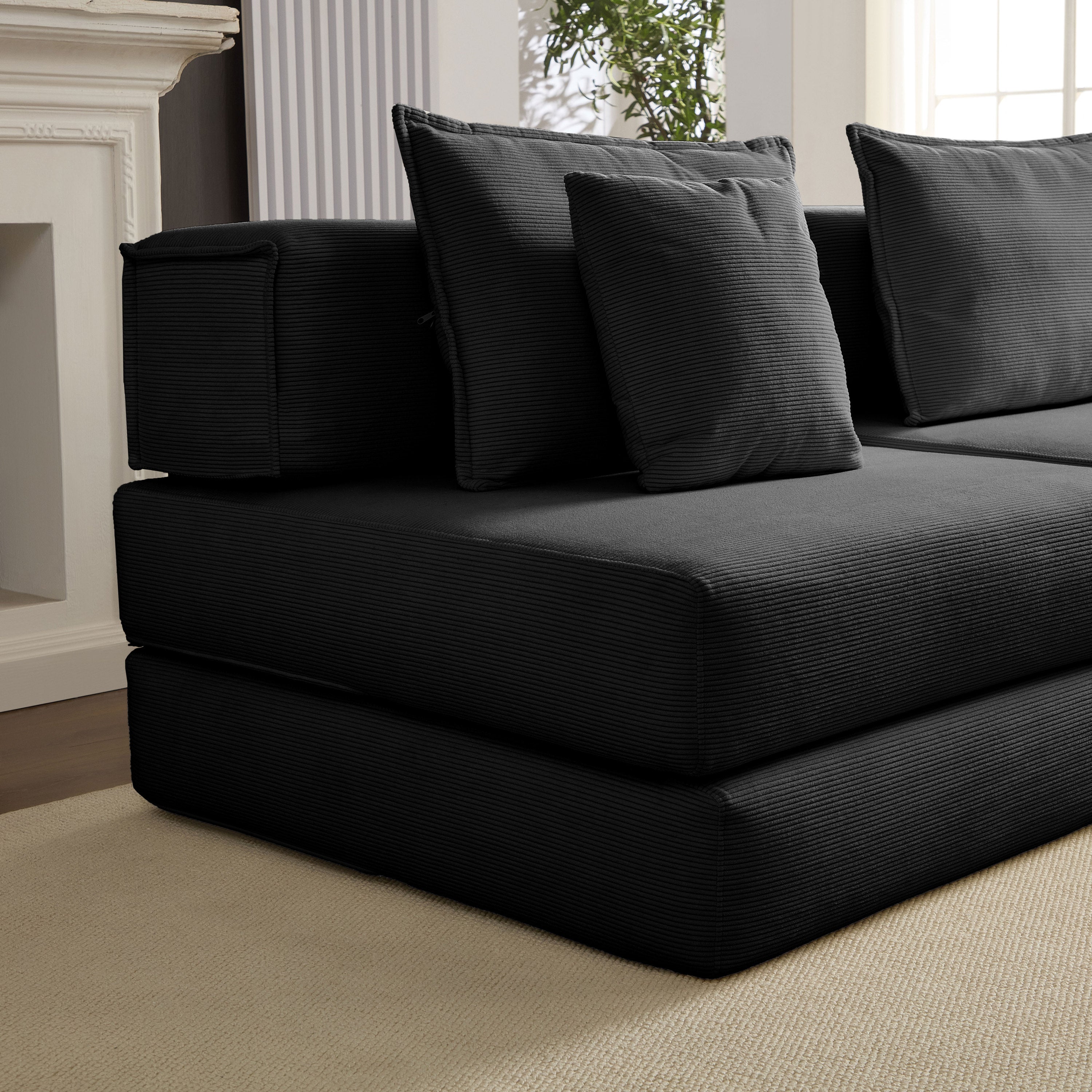 Oversized Upholstered Sectional Sofa Couch Set, Modular 118.2 ' L Shaped Floor Living Room Sofa Set With 6 Pillows, DIY Combination Sofa Couch for living rooms, apartments,bedrooms, Black