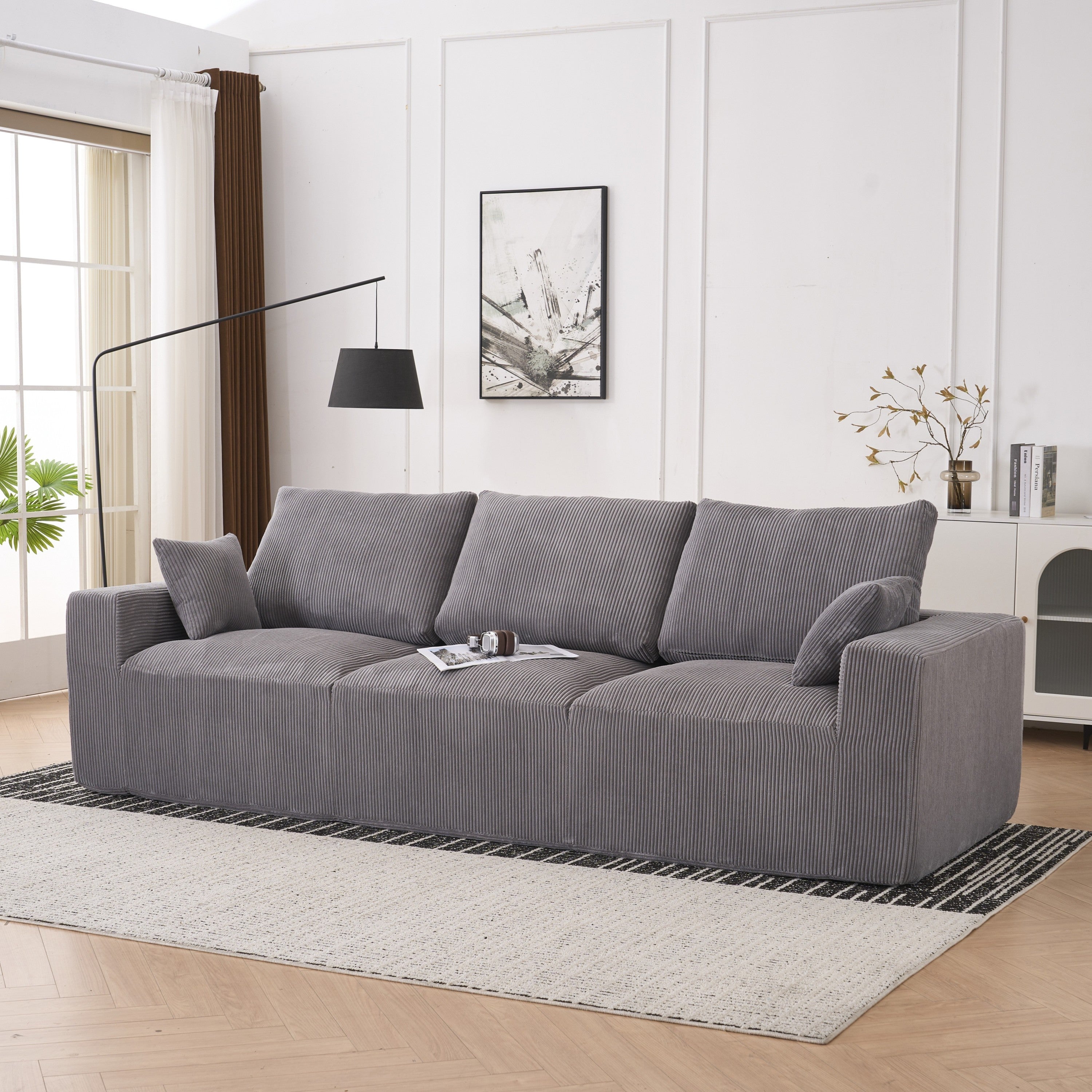 Modern U-shaped 6-seat Upholstered Sleeper Sofa with Console, Cupholders, USB Ports, Gray Corduroy