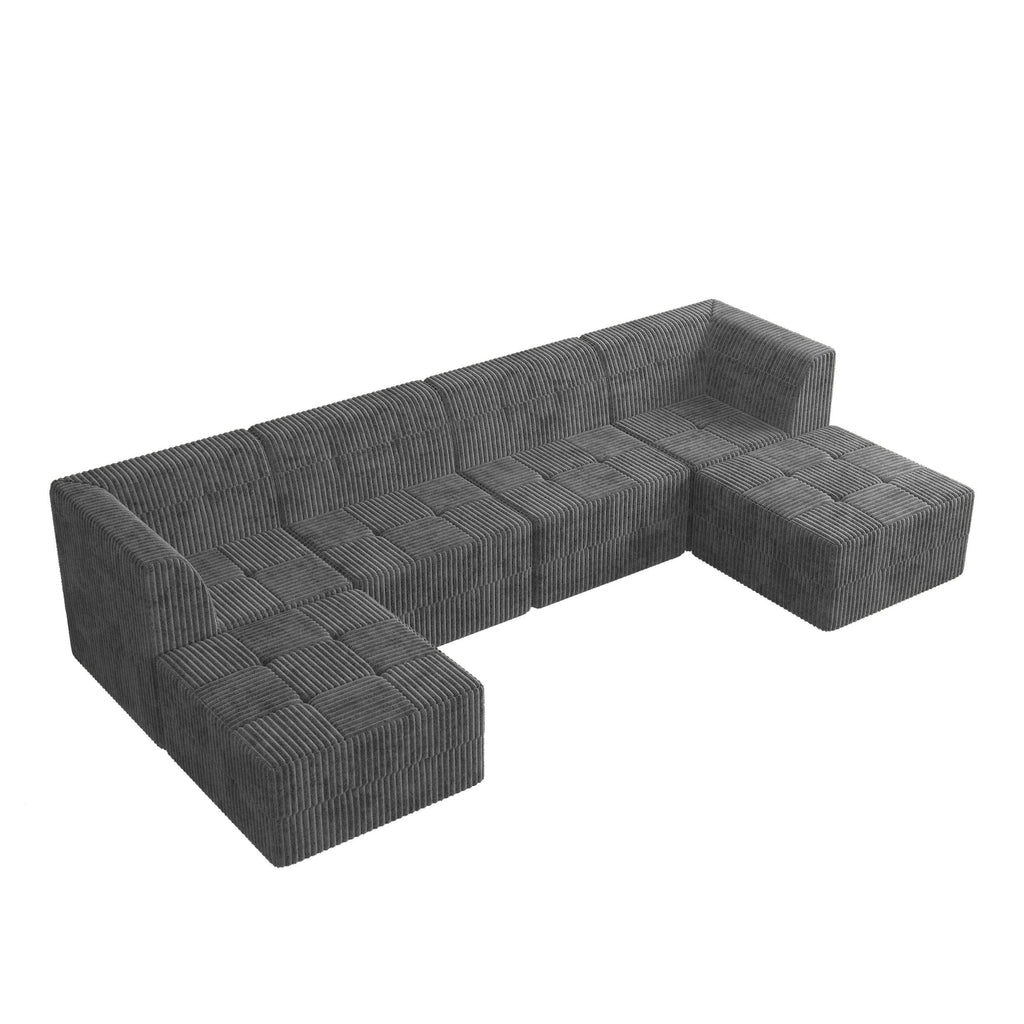 U shape Modular Sectional Sofa, Compressed Sectional Sofa Modern Minimalist Style Corduroy Couch, Sleeper Sofa for Living Room, Bedroom, Comfy Compressed Sofa Couch Space-Efficient Design-GREY