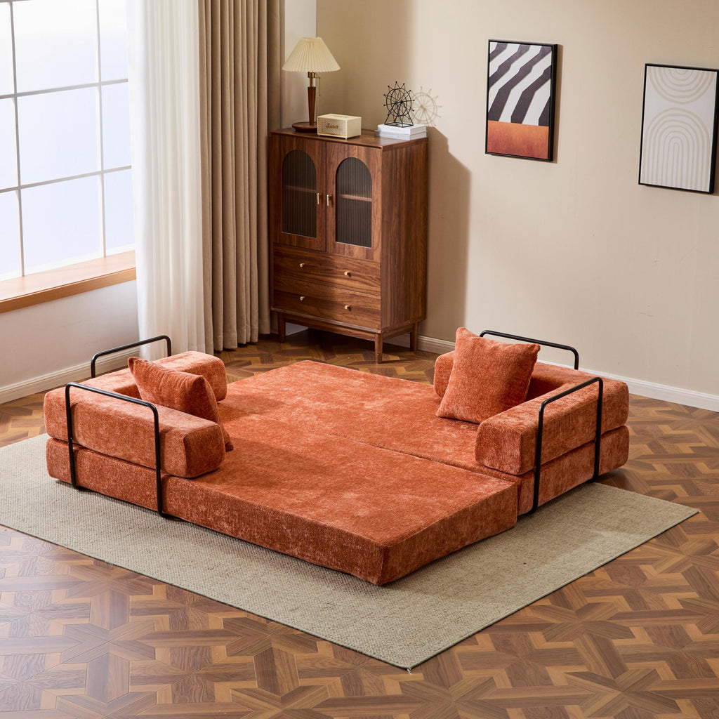 Floor Couch,Compression Sofa,Convertible Floor Sofa Bed-with Pillow Back Support Armrest,Comfy Futon Couch Lounge Sleeper Bed,chenille fabric,for Living Room Bedroom (orange)