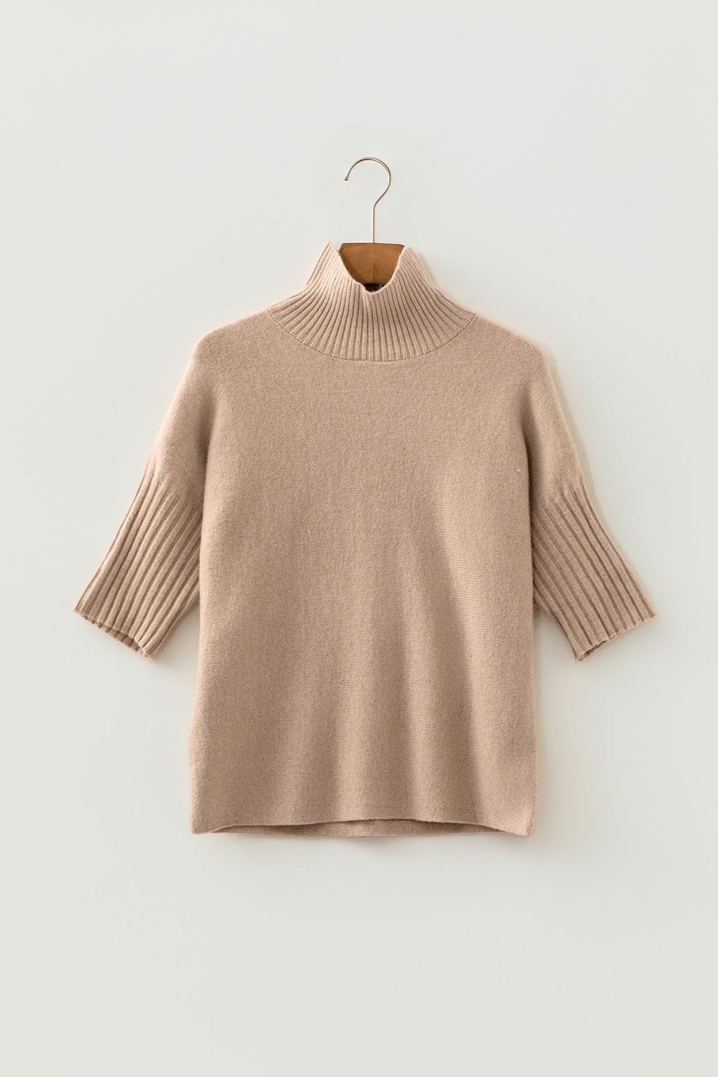 Ribbed Trim High Neck Short Sleeve Sweater