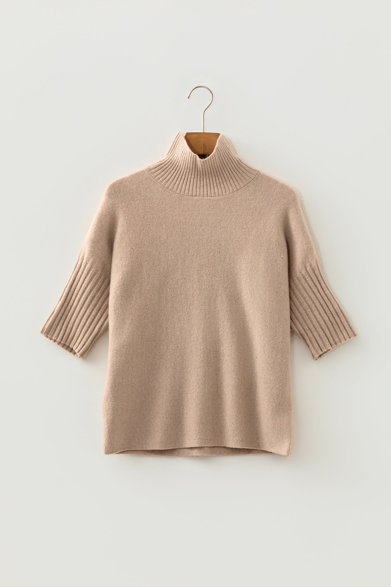 Ribbed Trim High Neck Short Sleeve Sweater