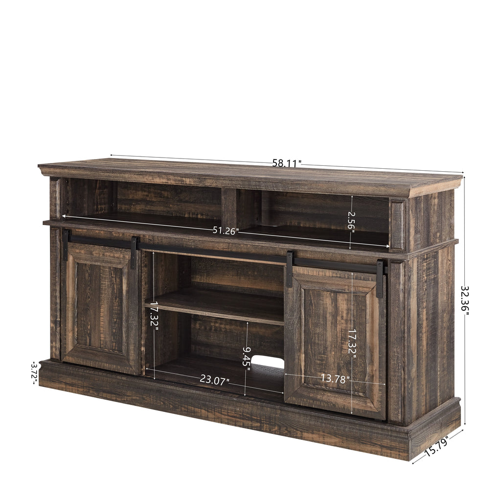 Modern Entertainment Console TV Stand with 23' Fireplace Insert, Multipurpose Sliding Door TV Cabinet Large Storage Space, 58.11'W*15.79'D*32.36'H Antique brown