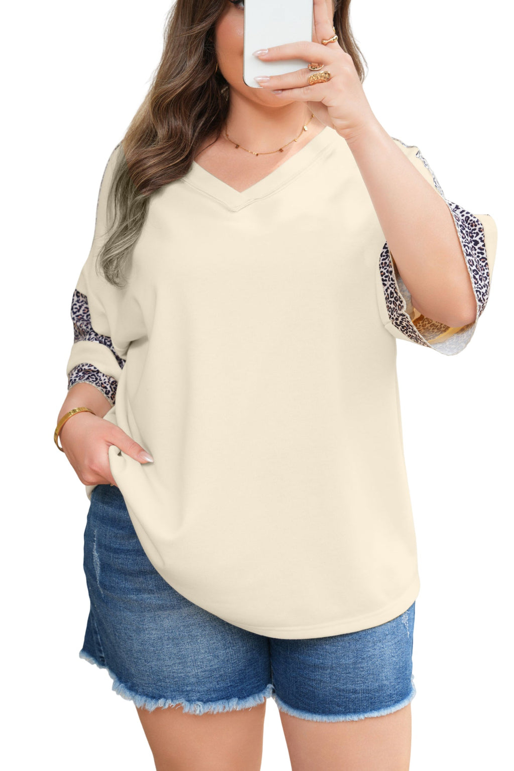 Plus Size Leopard Patchwork V-Neck Short Sleeve Top